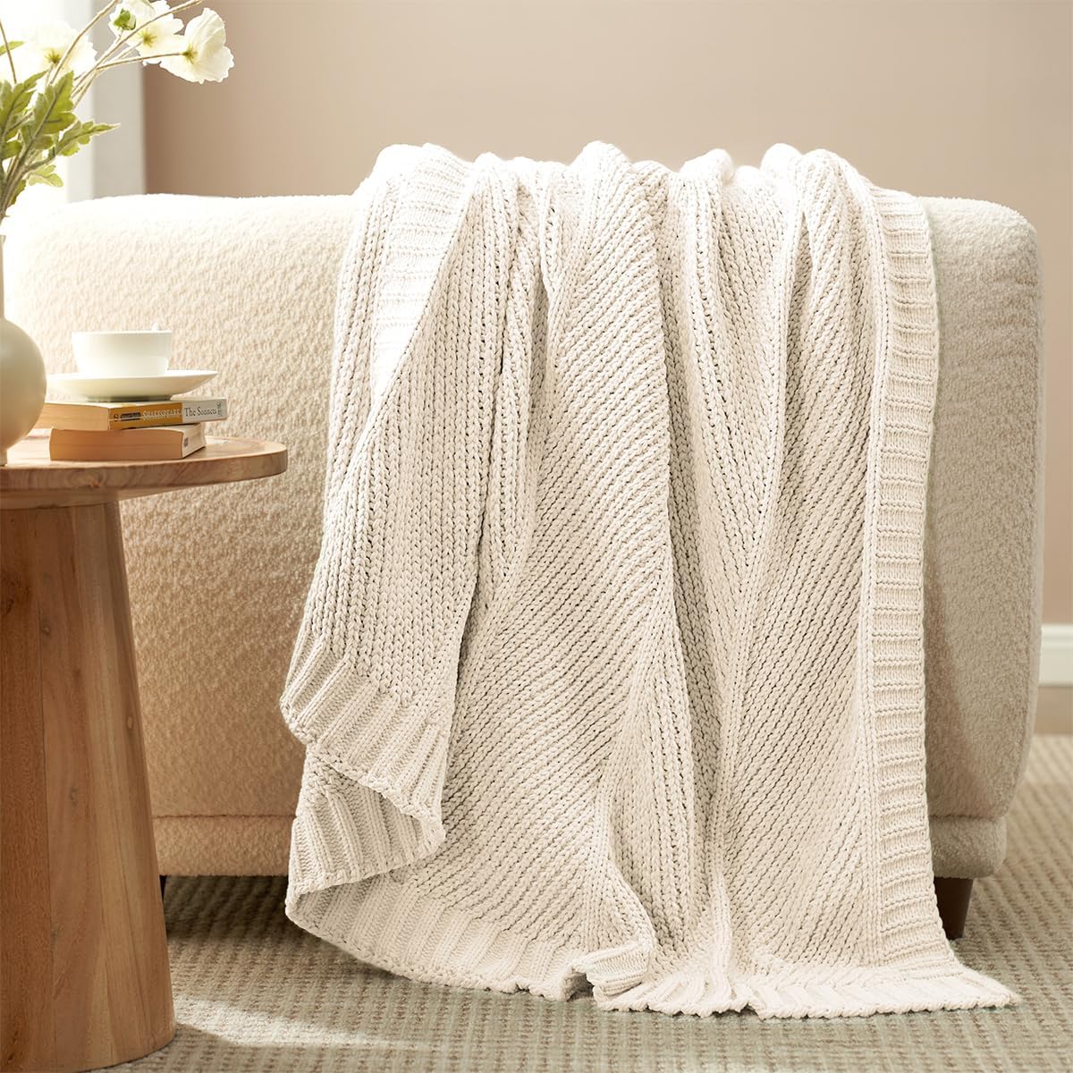 Chevron Chenille Knit Throw Blanket for Couch, Cozy Texture
