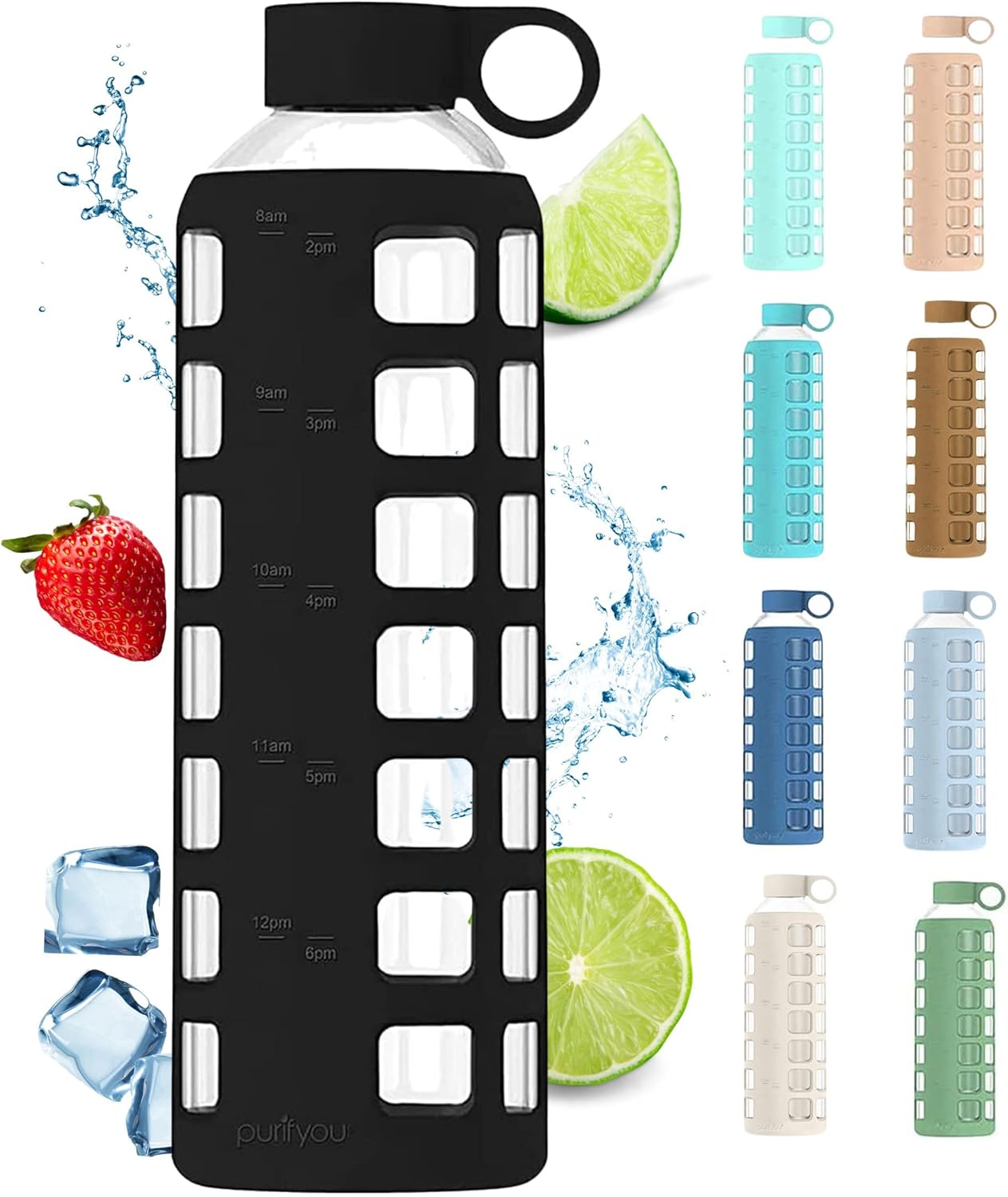 purifyou 40oz Borosilicate Glass Water Bottle with Markers