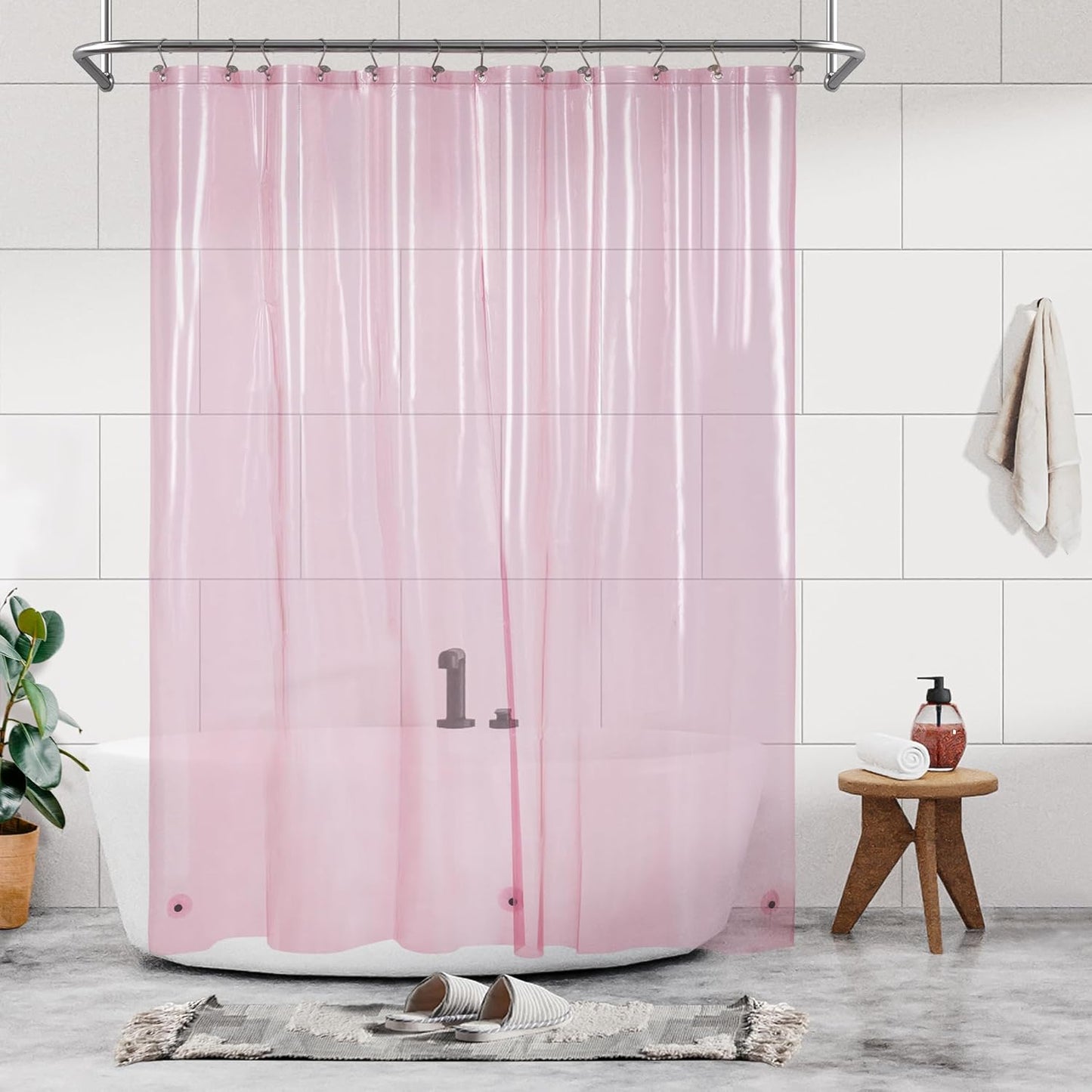 Waterproof Pink PEVA Shower Liner - Metal Grommets, 3 Magnets