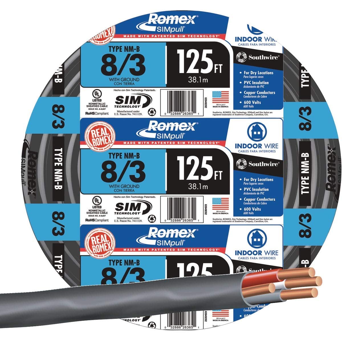 Southwire 8/3 Romex Type NM-B Non-Metallic Copper Wire 125 ft