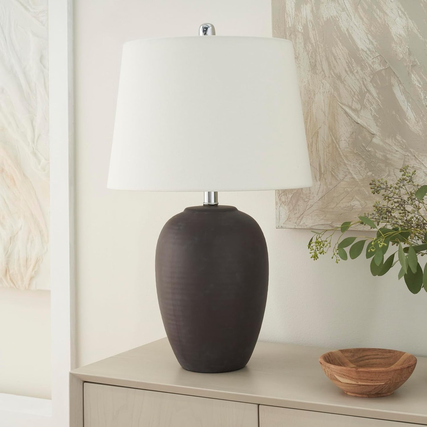 Nourison Home 23in Dark Purple Distressed Ceramic Pot Table Lamp
