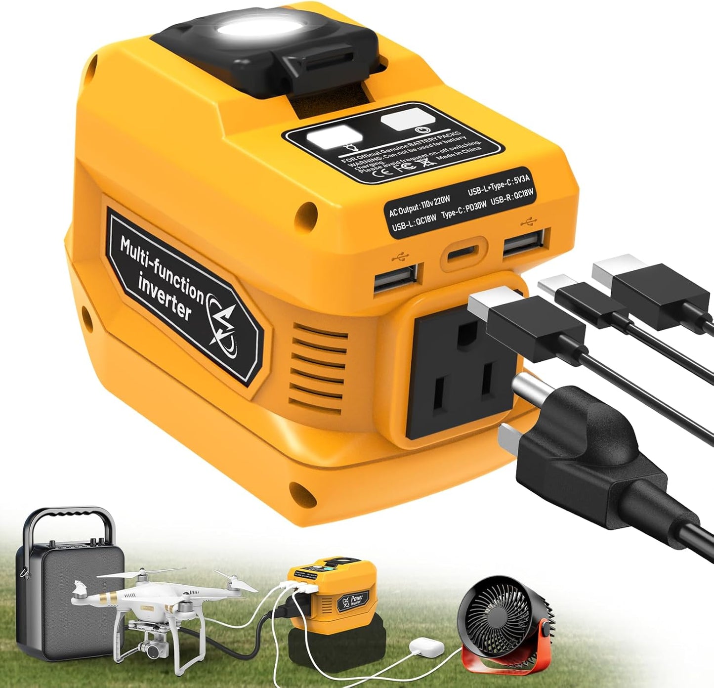 220W Power Inverter for Dewalt 20V Battery with LED Light