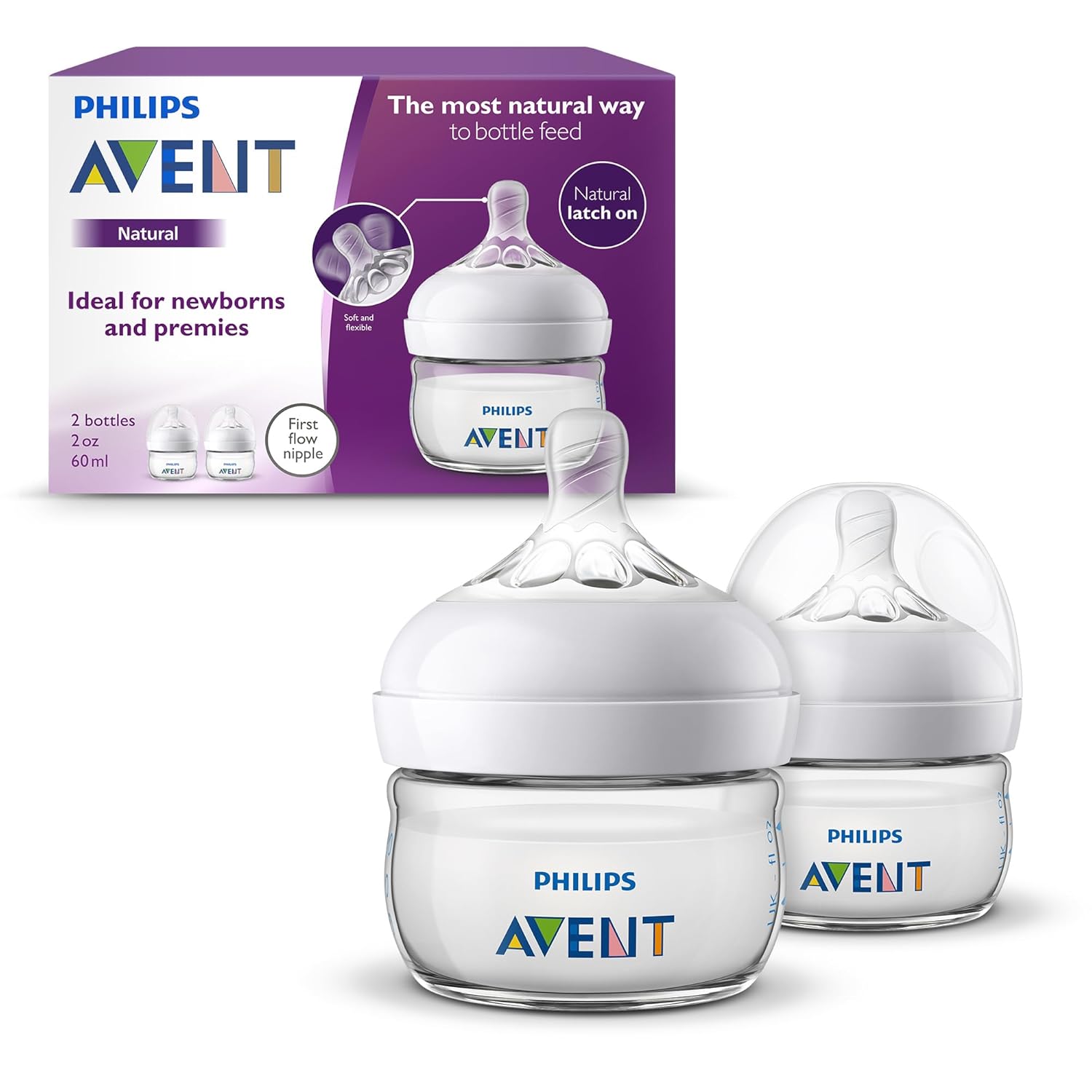 Philips Avent Natural Baby Bottles, First Flow Nipple, 2oz, 2 Pack