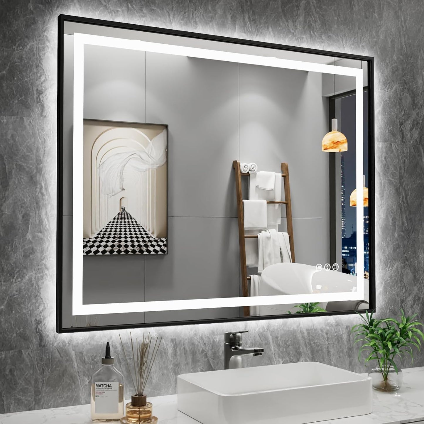 40X32 LED Bathroom Mirror with Black Frame and Anti-Fog Feature