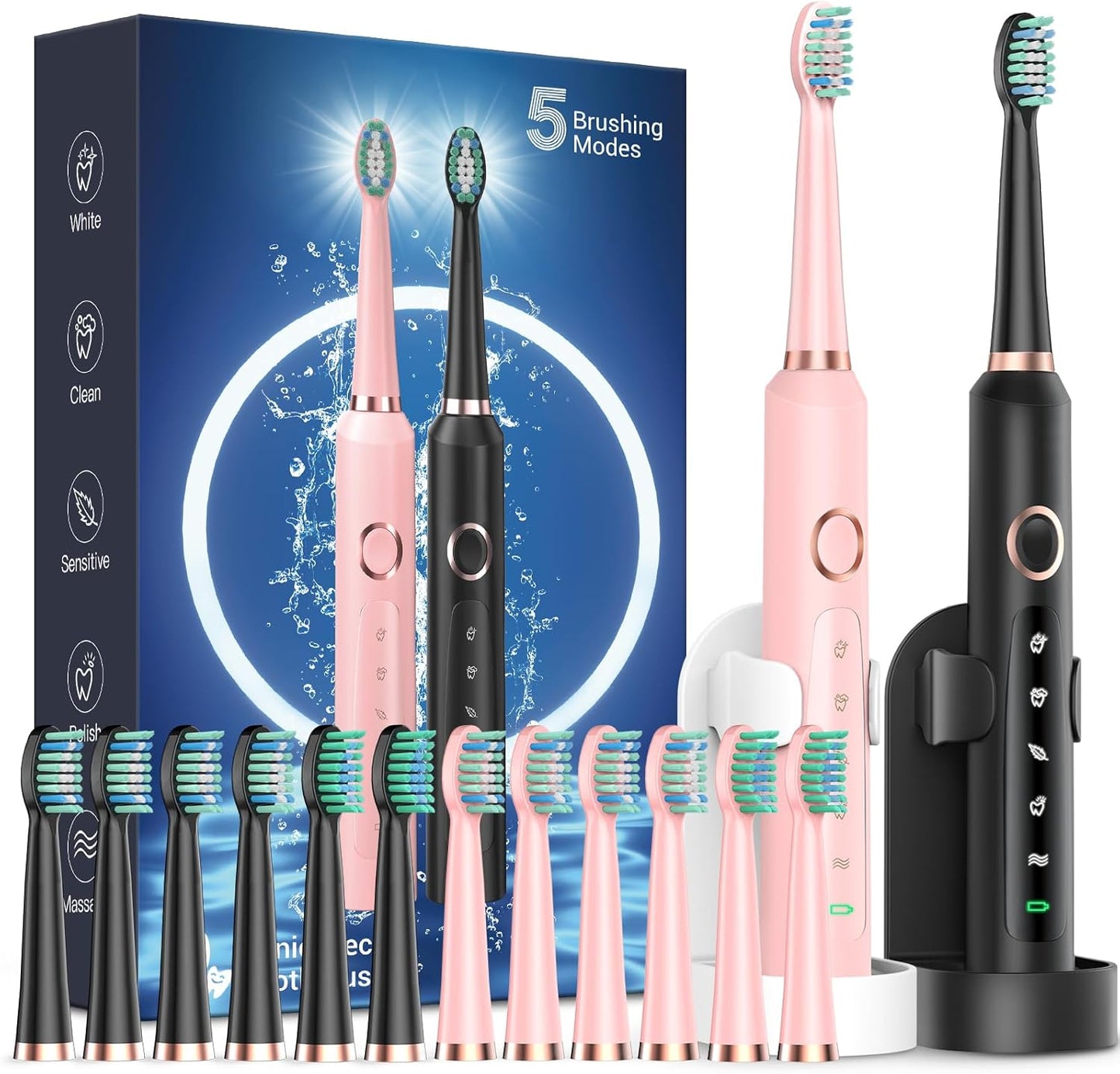 Rtauys Electric Toothbrush Set with 12 Brush Heads for Adults