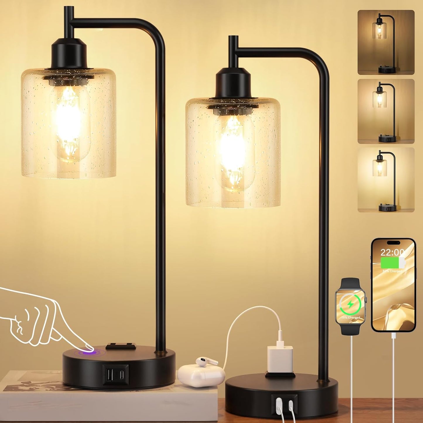 Industrial Touch Table Lamps Set of 2 with USB Ports and Outlet