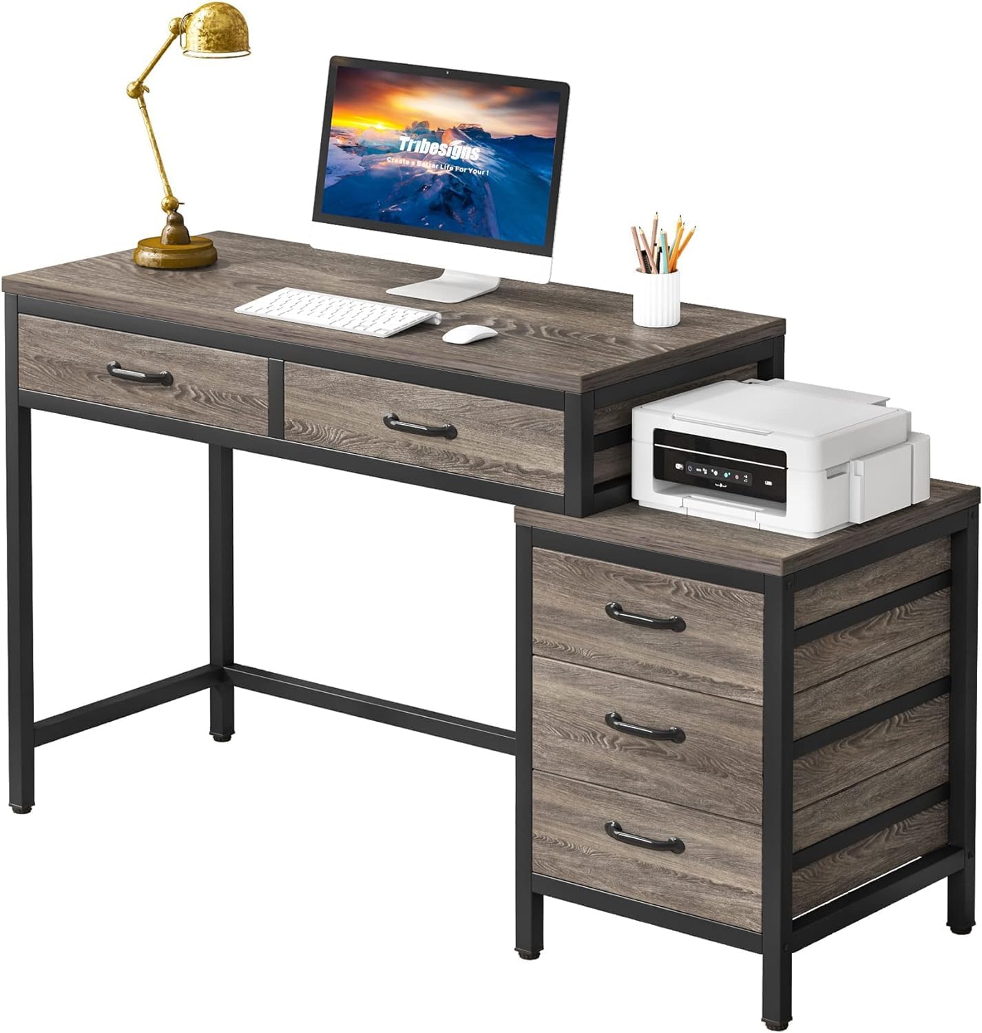 Tribesigns Industrial Computer Desk with 5 Drawers - Space-saving Storage Solution