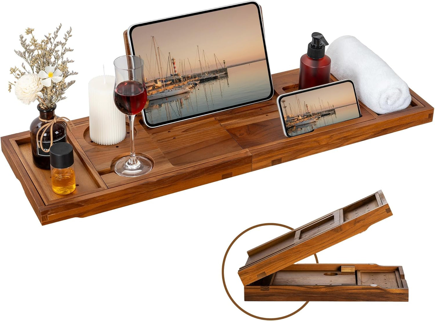Teak Bathtub Tray - Luxury Bath Tray for Relaxation and Reading