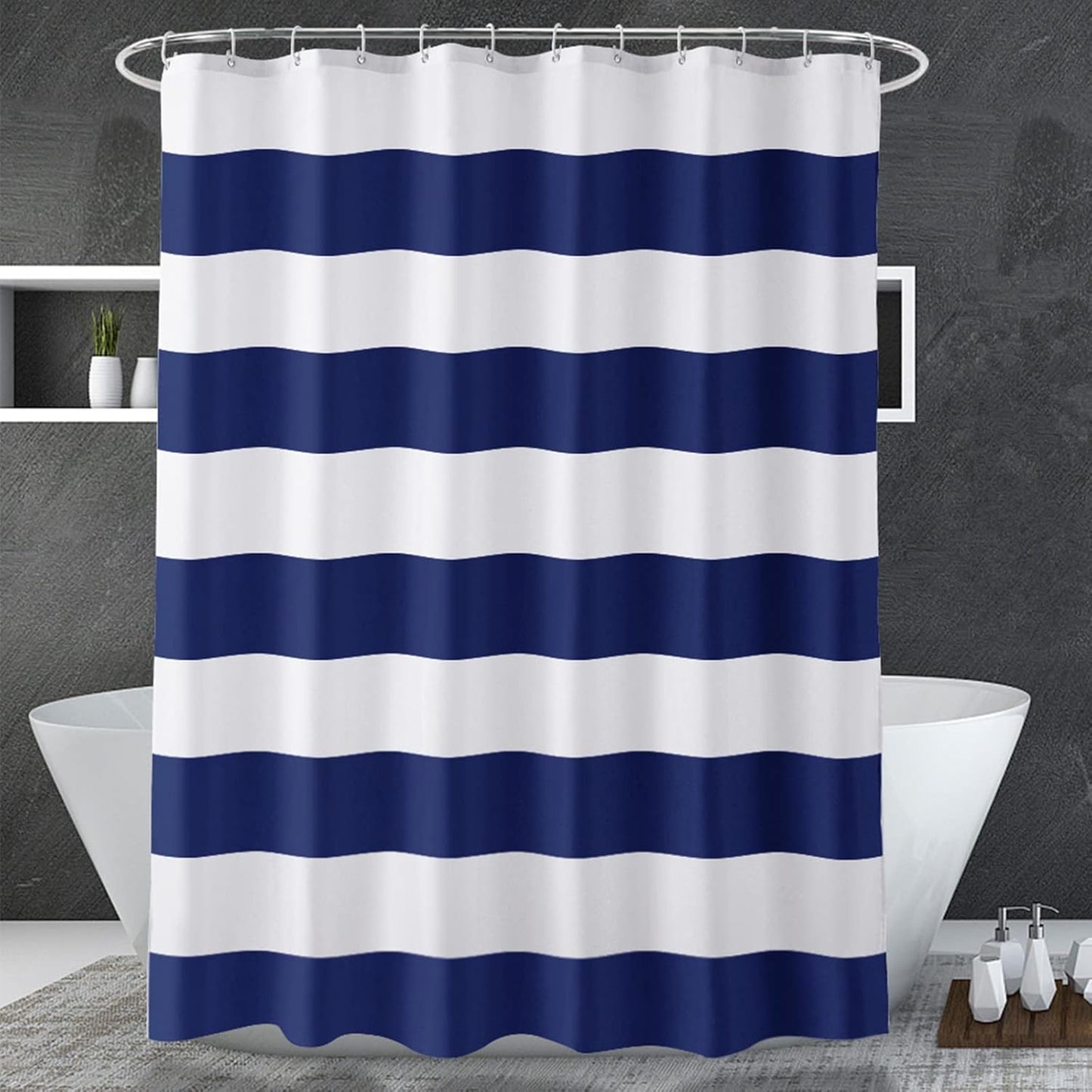 AmazerBath Navy Blue Striped Fabric Shower Curtain w/ Heavy Stones