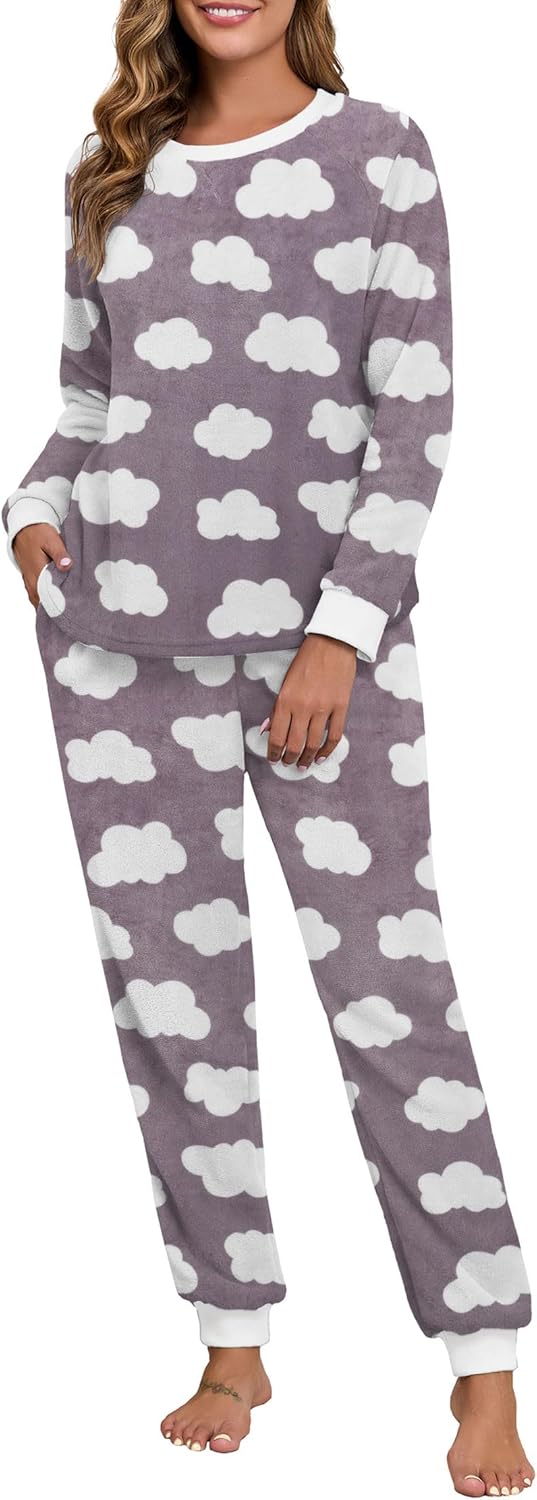 PrinStory Fluffy Pajamas for Women Soft Fleece Warm Pajama Set