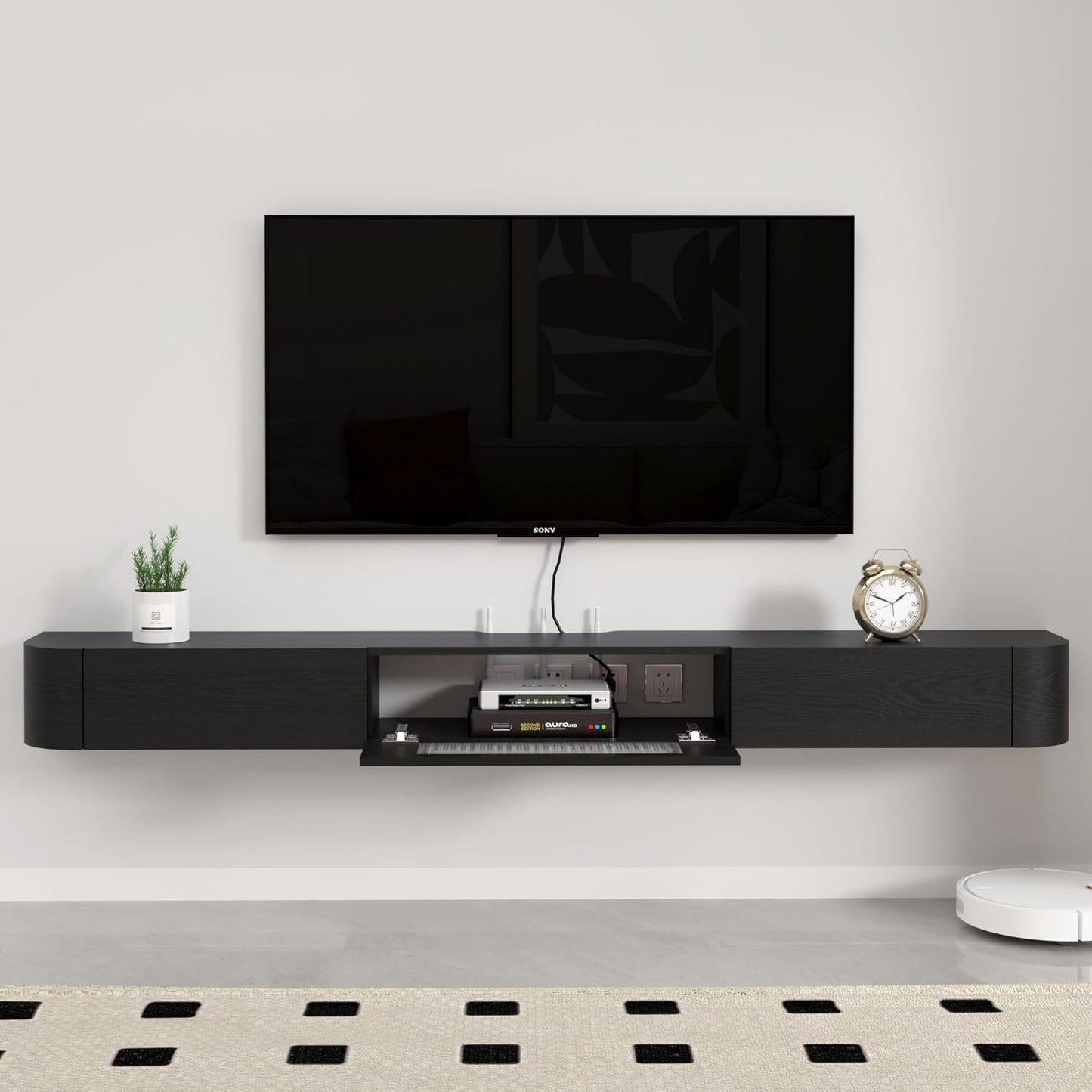 Floating TV Stand with Large Storage | Solid Wood | Glass Door
