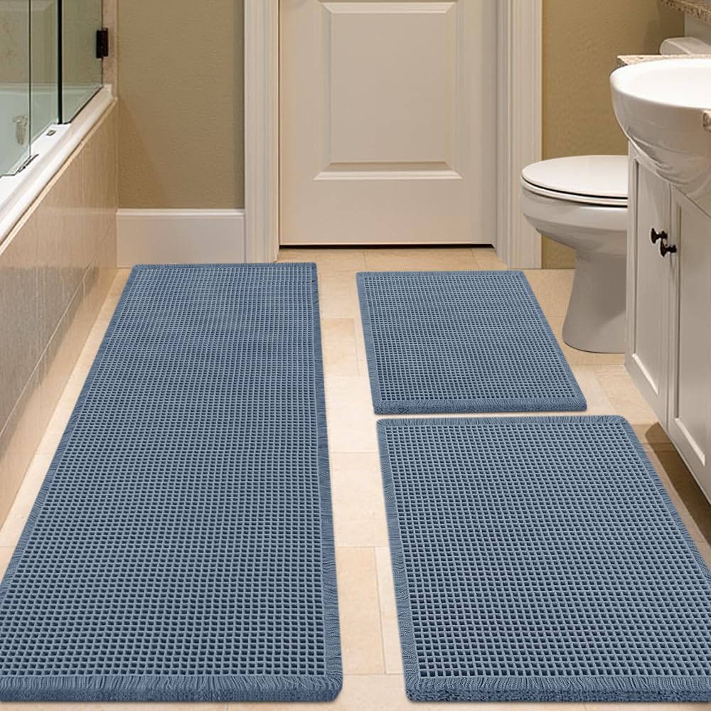Waffle Bath Mat Set 3 Piece Blue, Soft Washable Boho Rugs