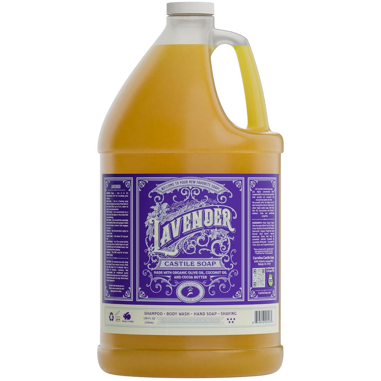 Carolina Castile Soap Lavender Scent - Organic Body Wash 1 Gallon