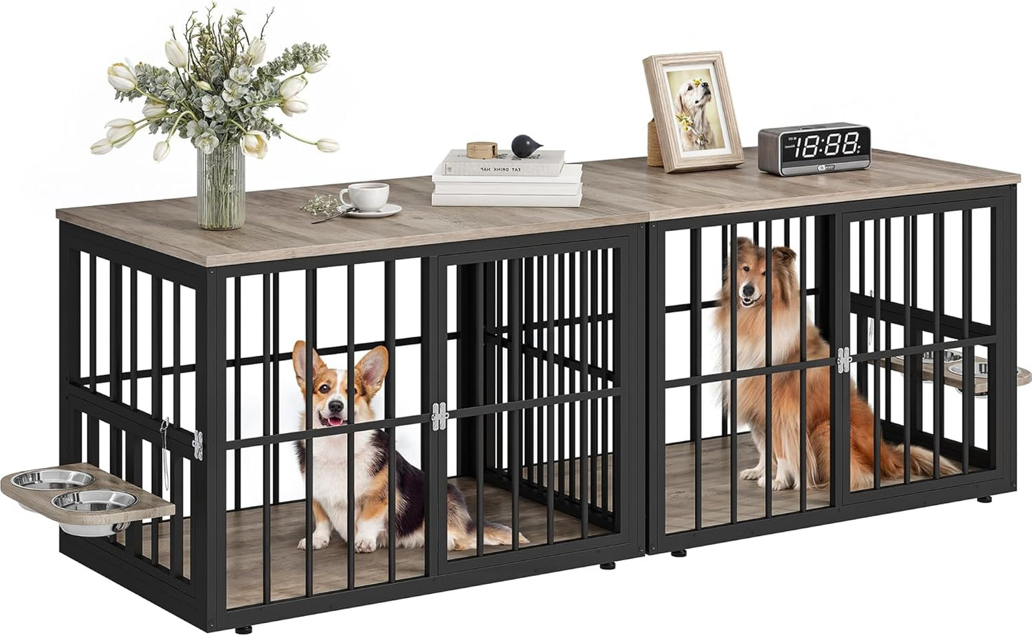 77.6in Large Corner Dog Crate Furniture for 2 Dogs, Grey