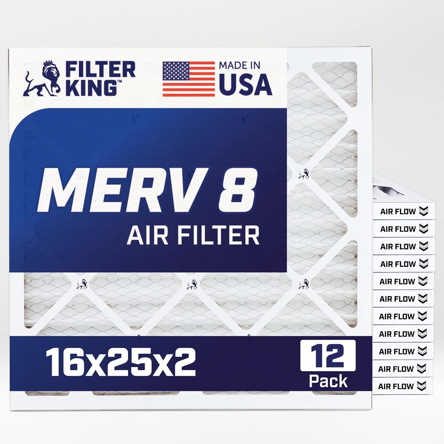 MERV 8 Air Filter 16x25x2 by Filter King - 12 Pack Quality