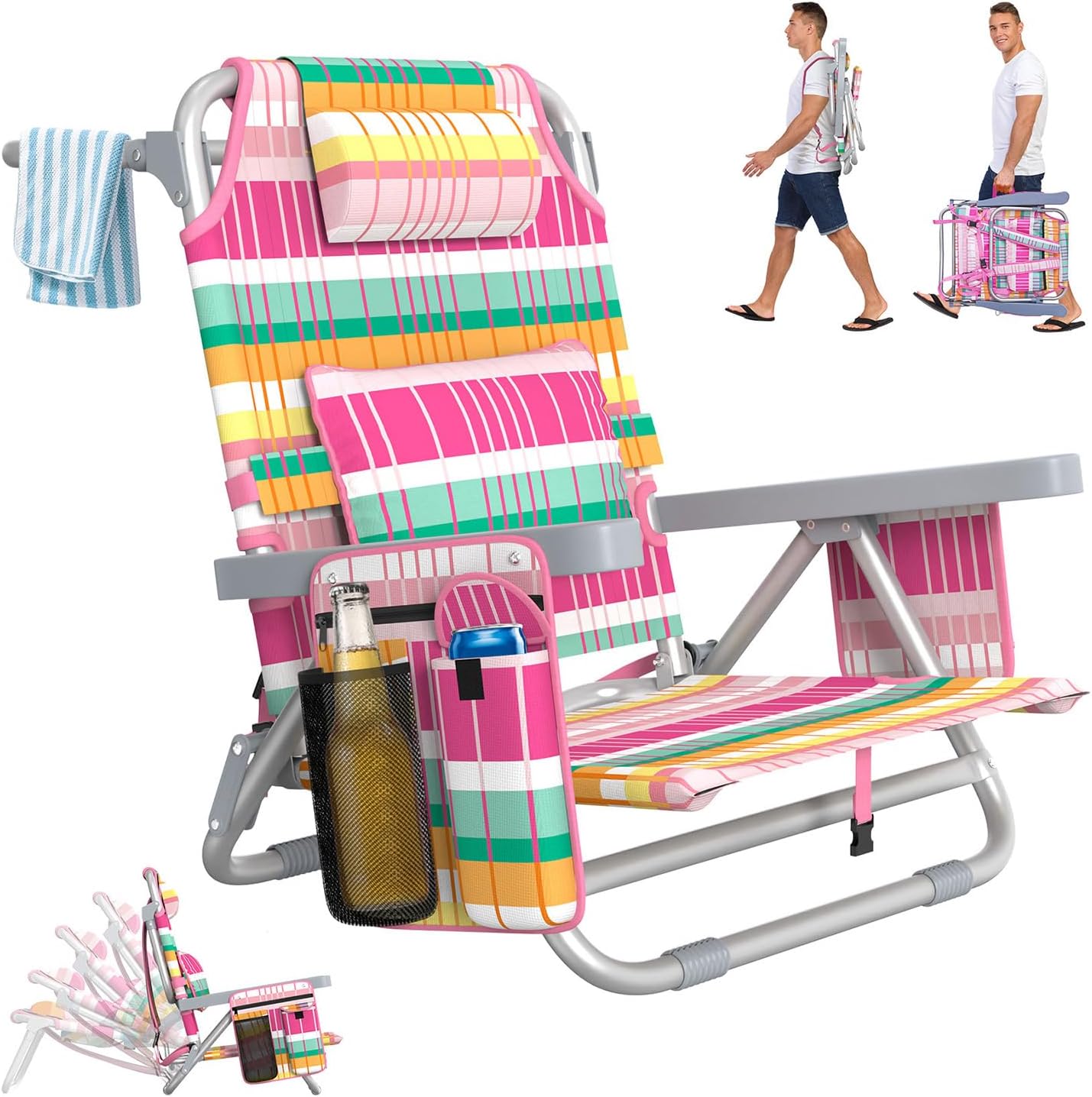 Adjustable 5-Position Beach Chair with Cooler Bag and Pillow
