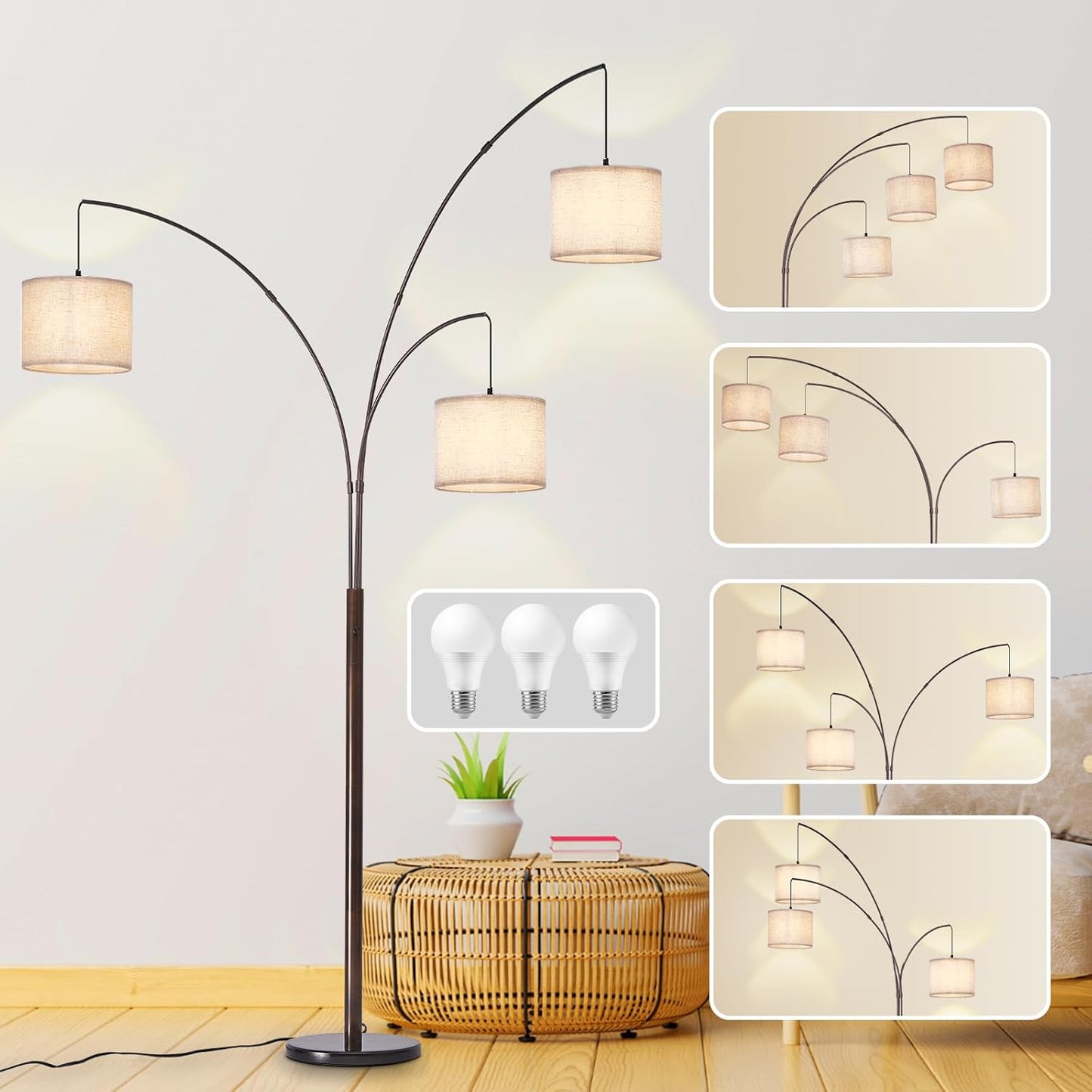 DLLT Modern Floor Lamp: 3-Light Dimmable Arc Lamp for Home