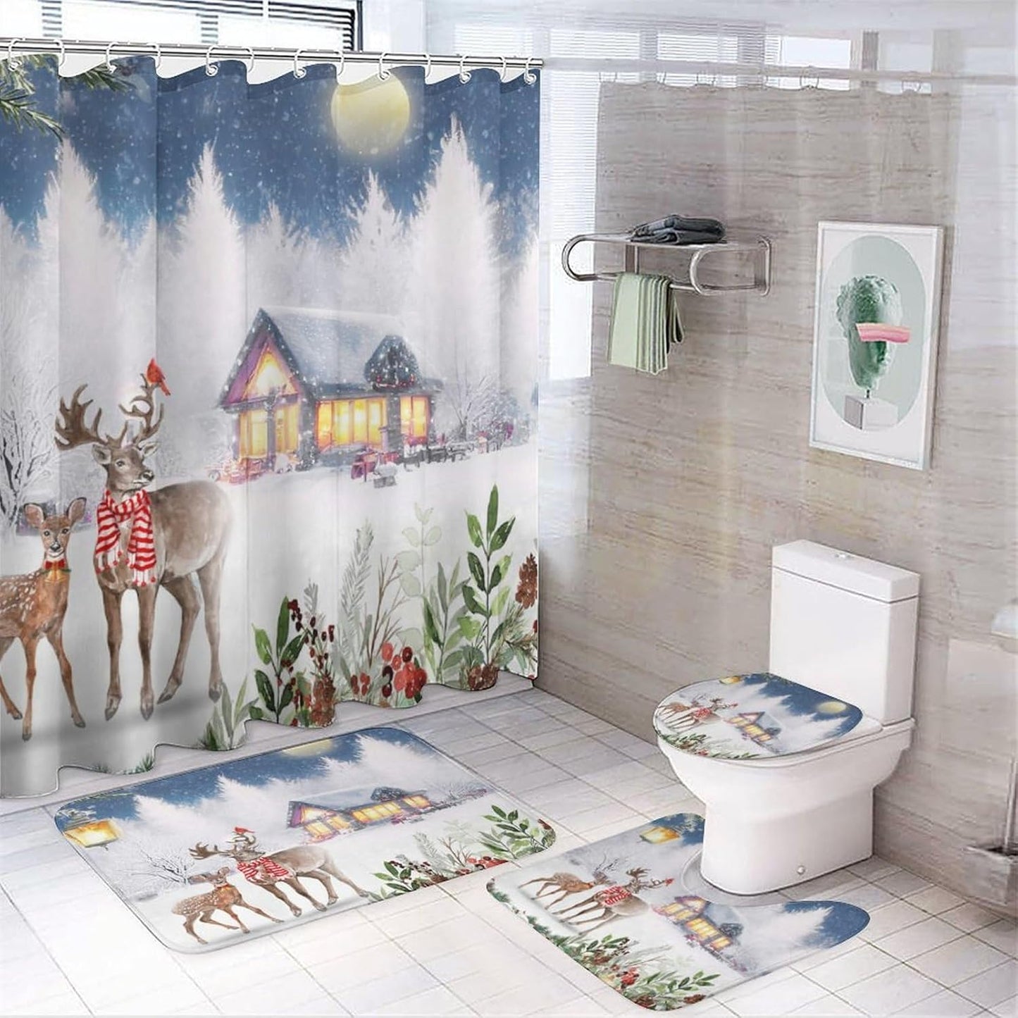 Christmas Deer Shower Curtain Set - Rustic Farmhouse Vibes