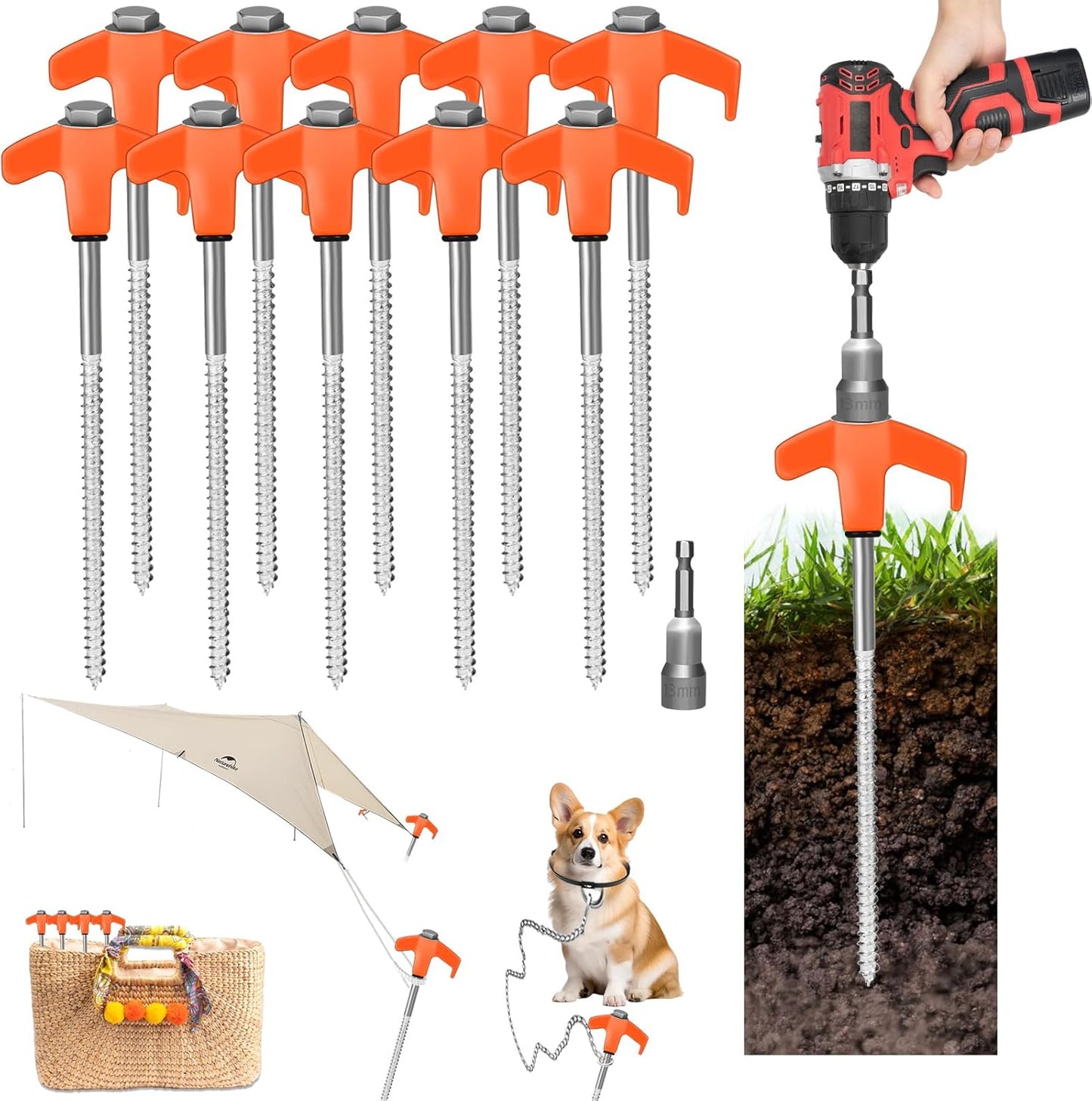 20 Pack 8in Heavy Duty Screw in Tent Stakes for Camping Needs