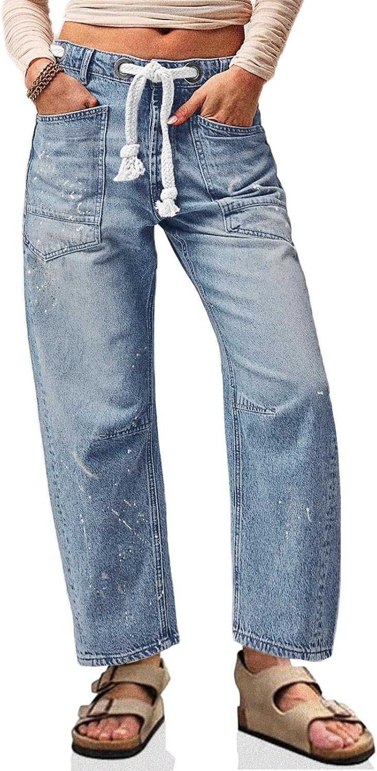 Cicy Bell Womens Baggy Barrel Jeans with Drawstring and Pockets