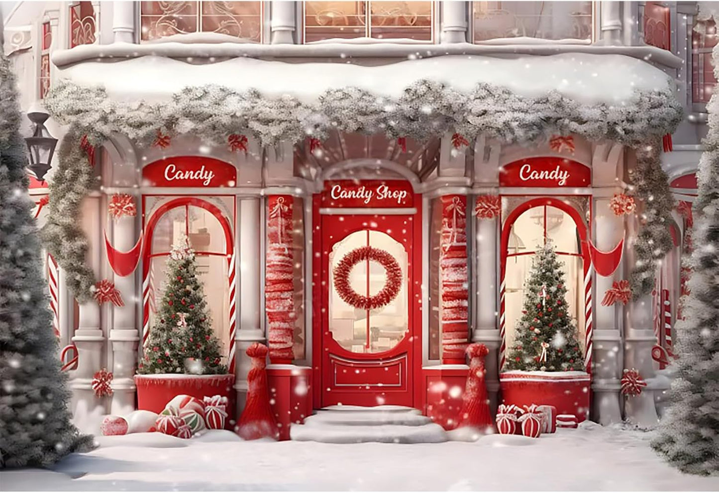 10x8ft Red Christmas Candy Shop Photo Backdrop for Events