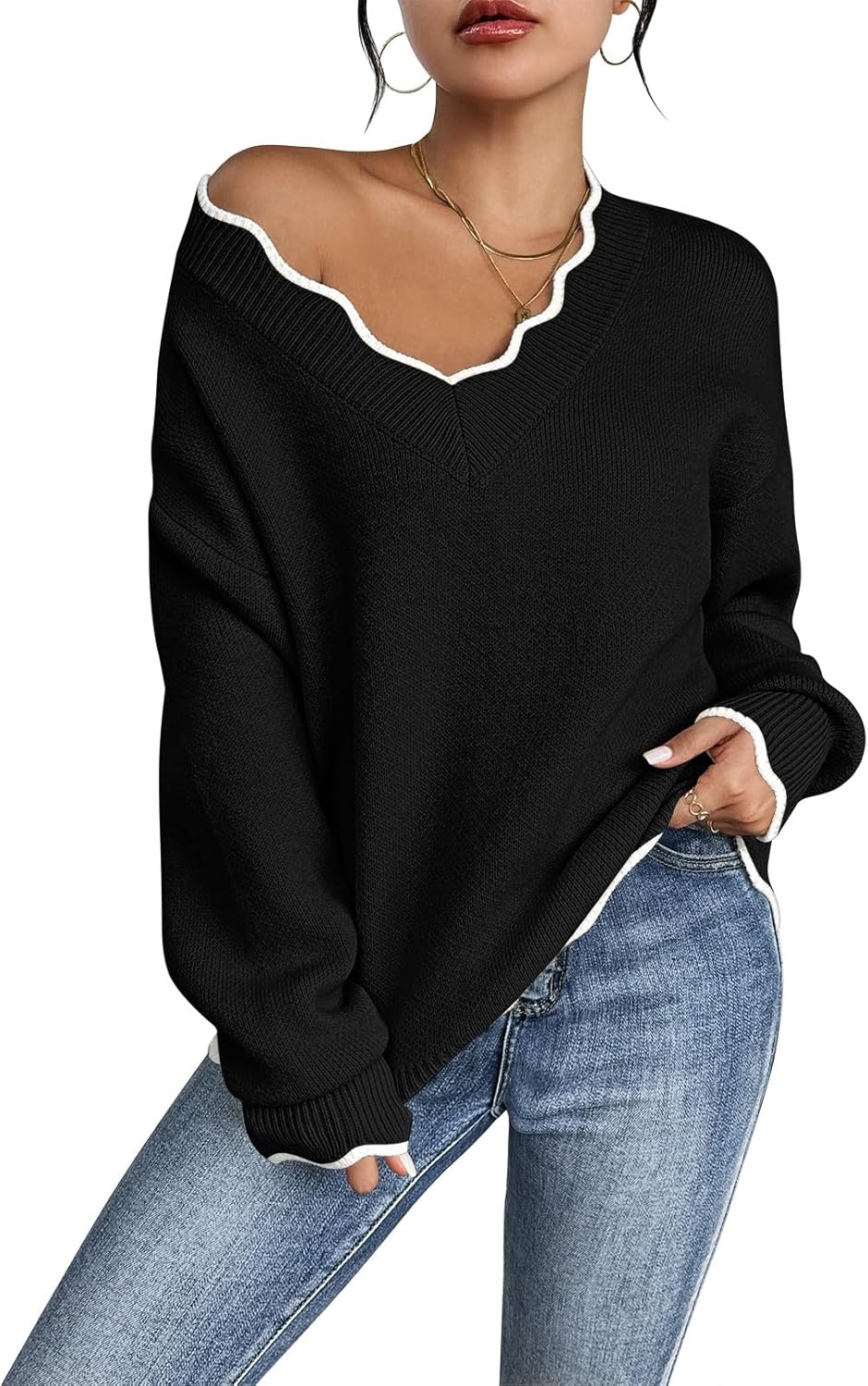 Pink Queen Women's Oversized V Neck Fuzzy Sweater for All Seasons
