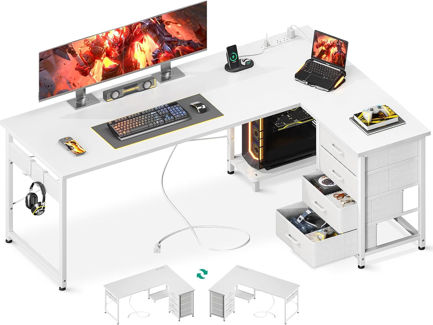 61 L-Shaped Gaming Desk w/ Power Outlets & Storage