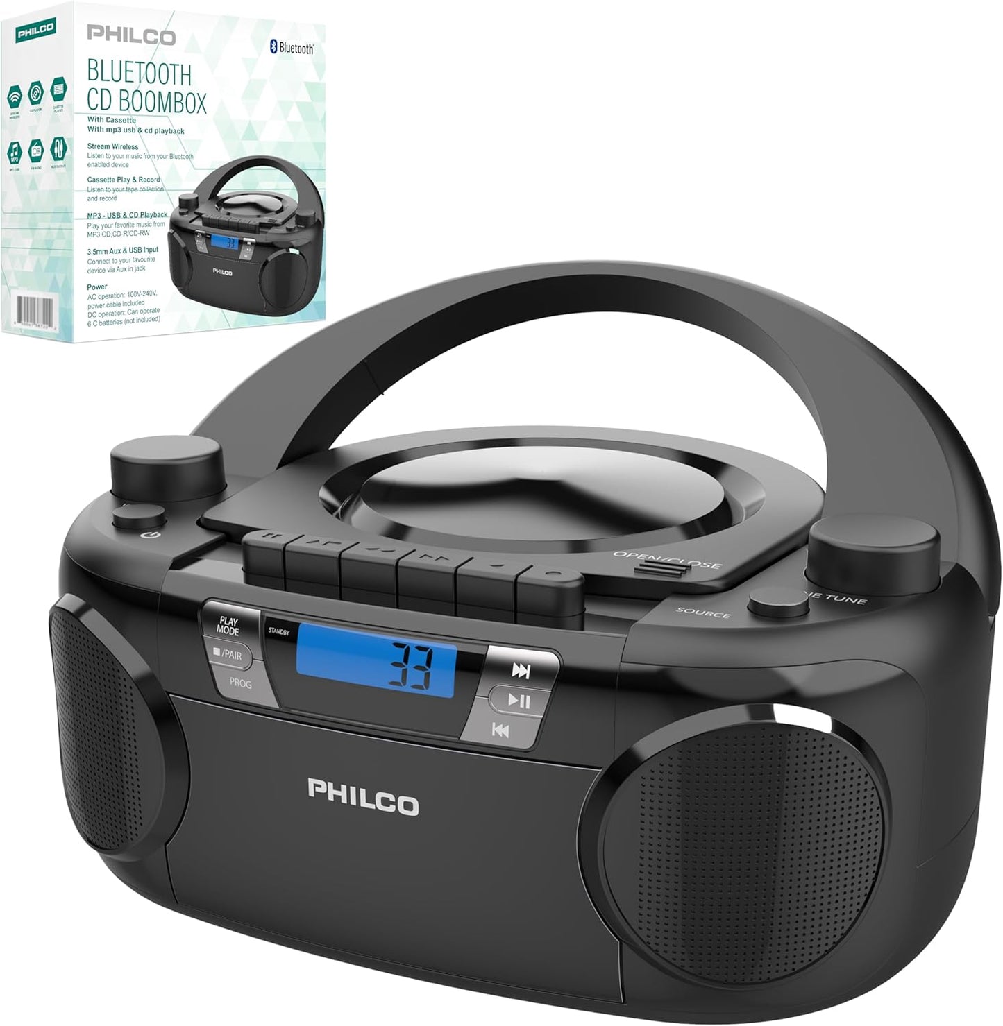Philco Portable CD Player Boombox with Bluetooth and Cassette