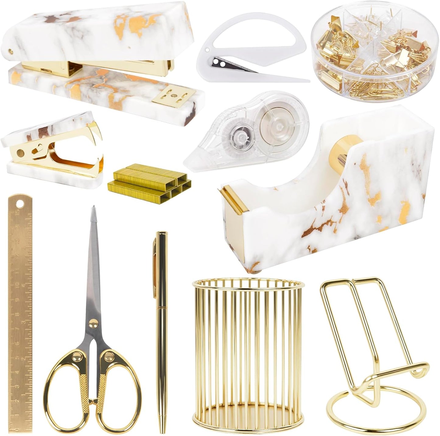 Gold Marble Desk Decor Set - 13 Pcs Aesthetic Kit for Stylish work space