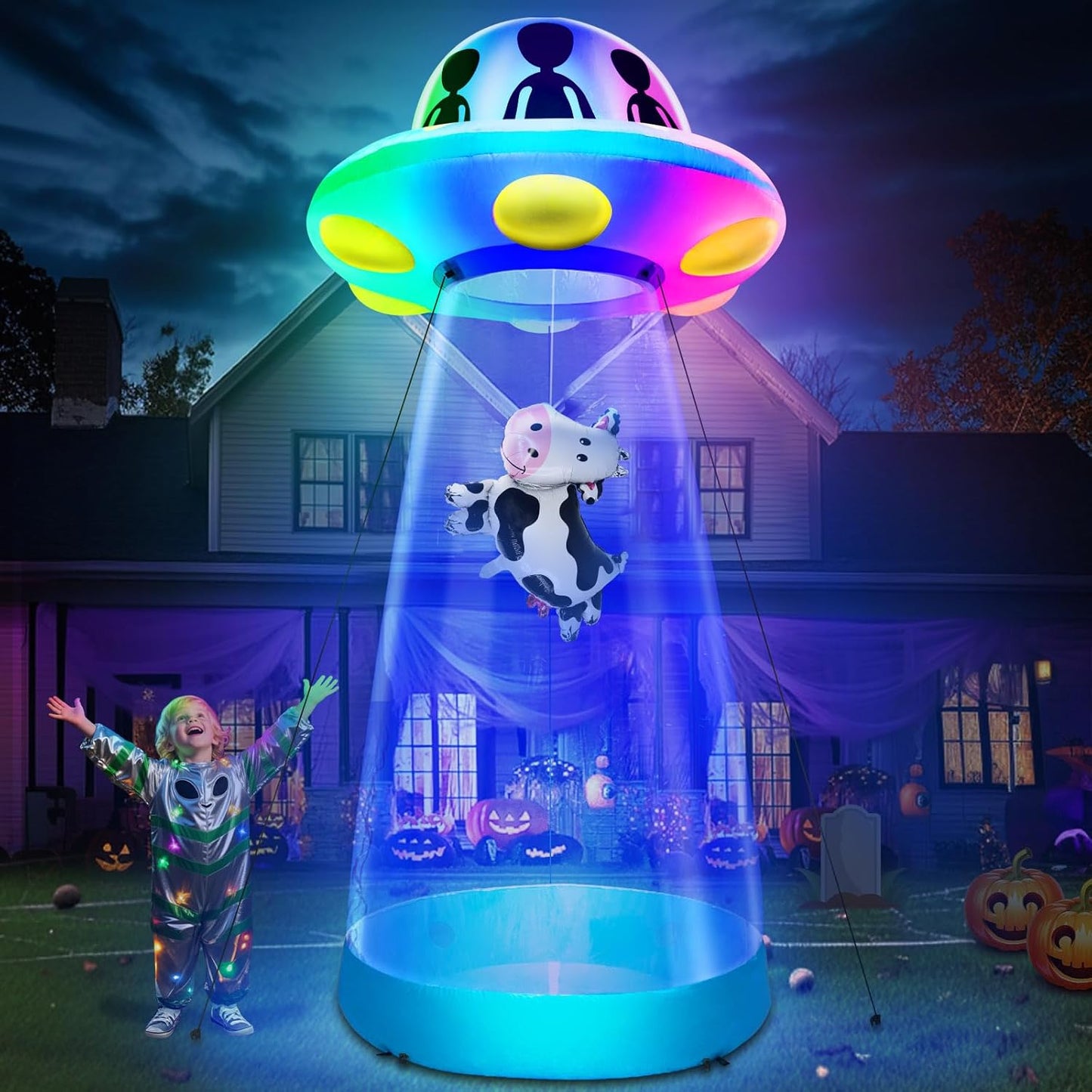 10 Ft Tall Halloween Inflatable UFO Cow Abduction Decoration