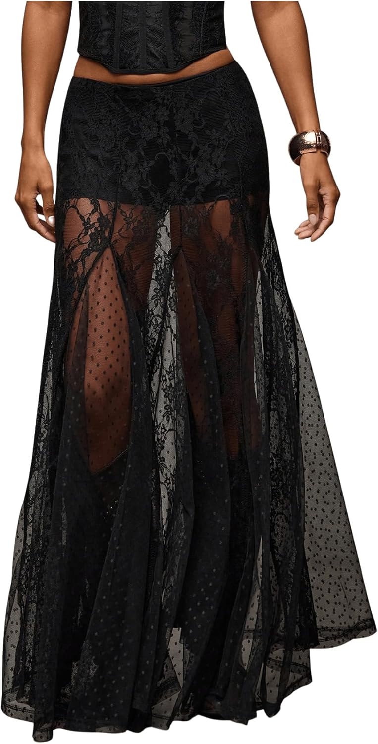 WDIRARA Women's Sexy See Through Lace Maxi Skirt for All Occasions
