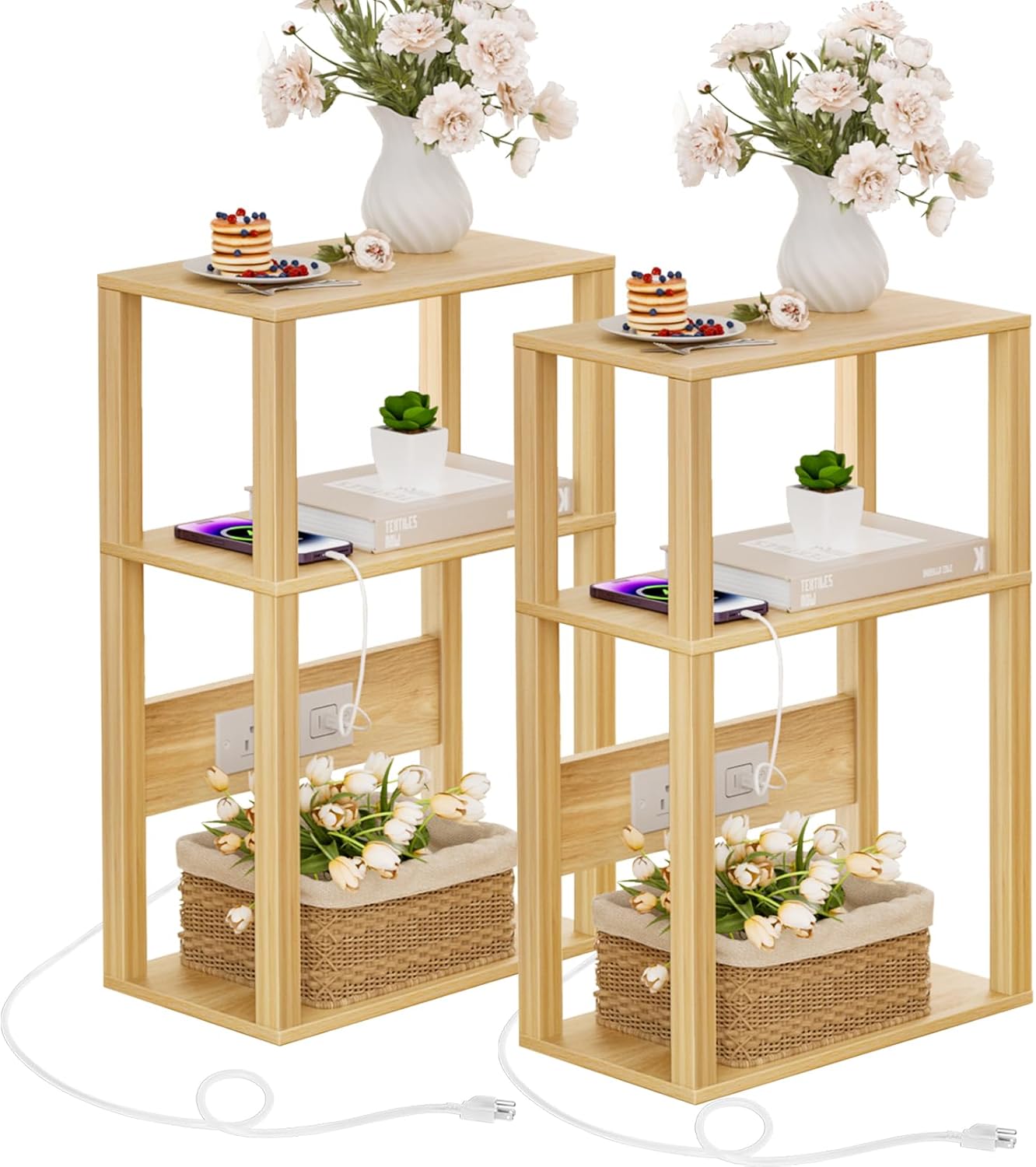 3 Tier Small Narrow Bamboo Side Table Set with Charging Station