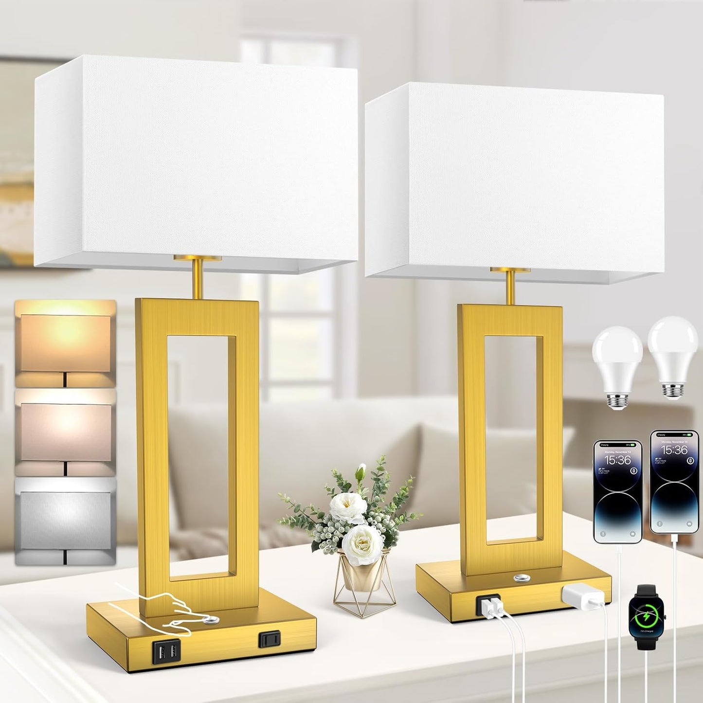 22 Touch Control Table Lamps Set of 2 with USB Ports & AC Outlet