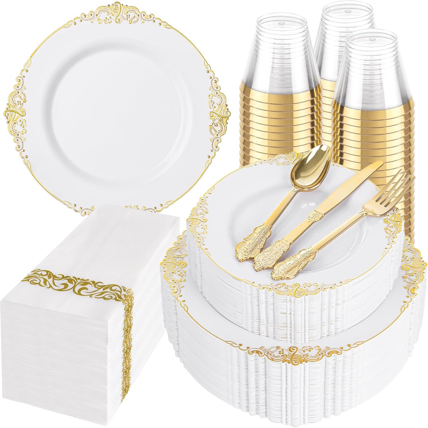 Elegant White and Gold Disposable Plates Set for 50 Guests