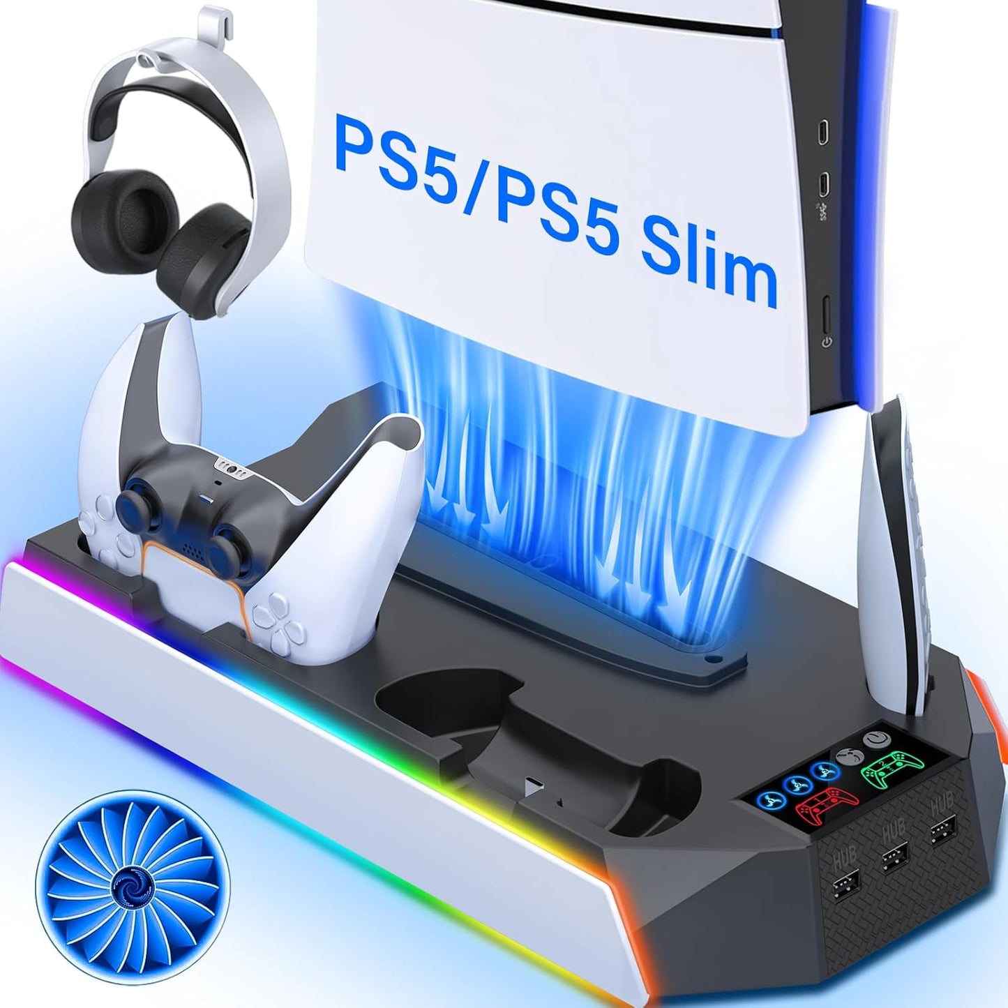 PS5 Cooling Stand - LED Light, Charger, Cooler