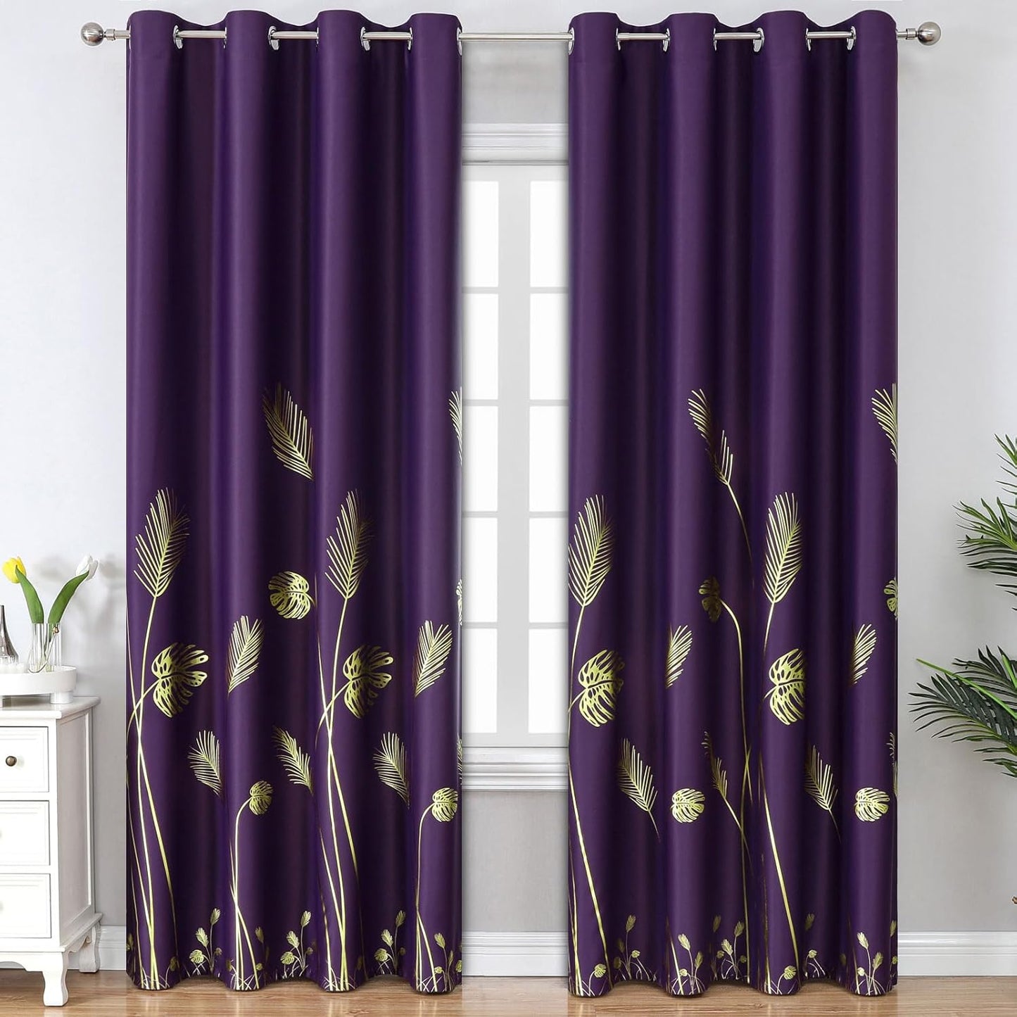 Purple Blackout Curtains with Gold Palm Grommets for Elegance
