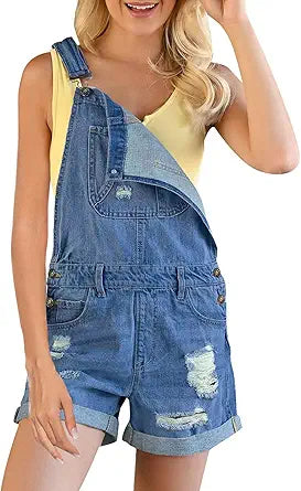 Stylish Ripped Denim Shortalls for Women with Adjustable Straps