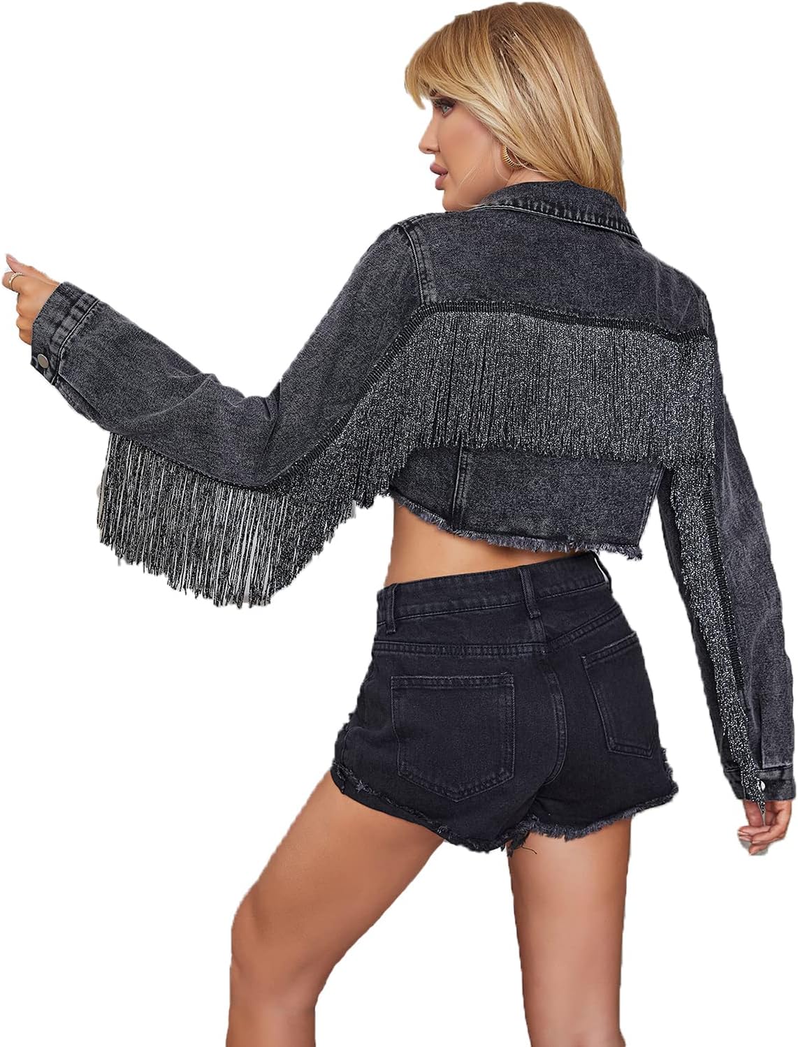Womens Crop Denim Jacket with Tassel and Fringe for Casual Style
