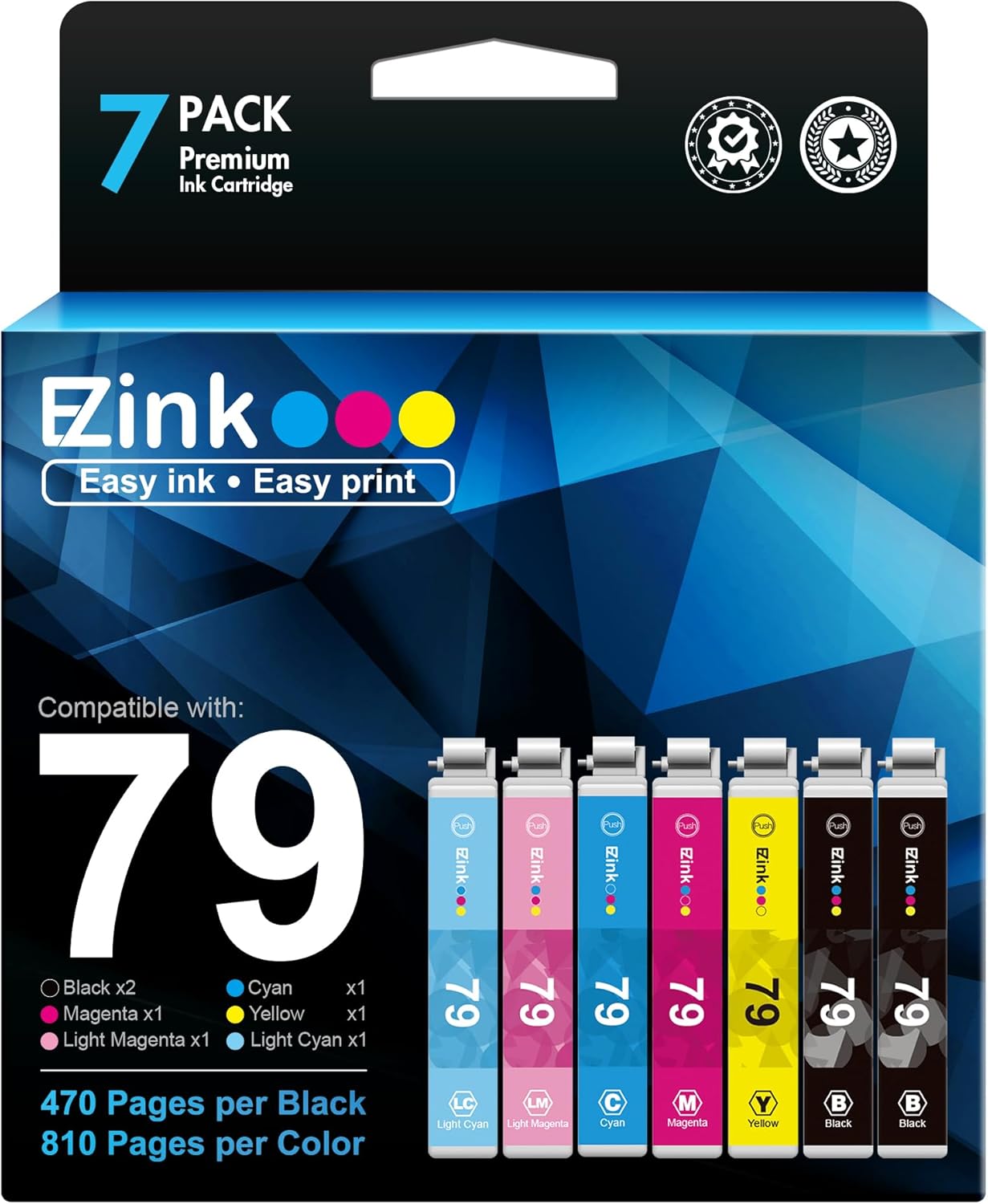 Vibrant Color: E-Z Ink 7-Pack Cartridge Replacemnt for Epson T079 Series