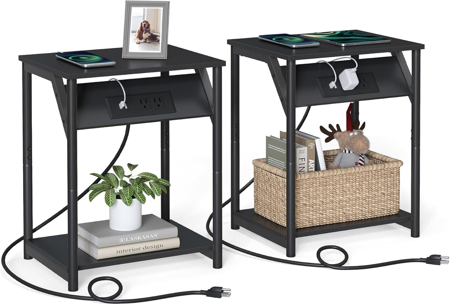 VASAGLE End Table with Charging Station Set of 2 for Living Room