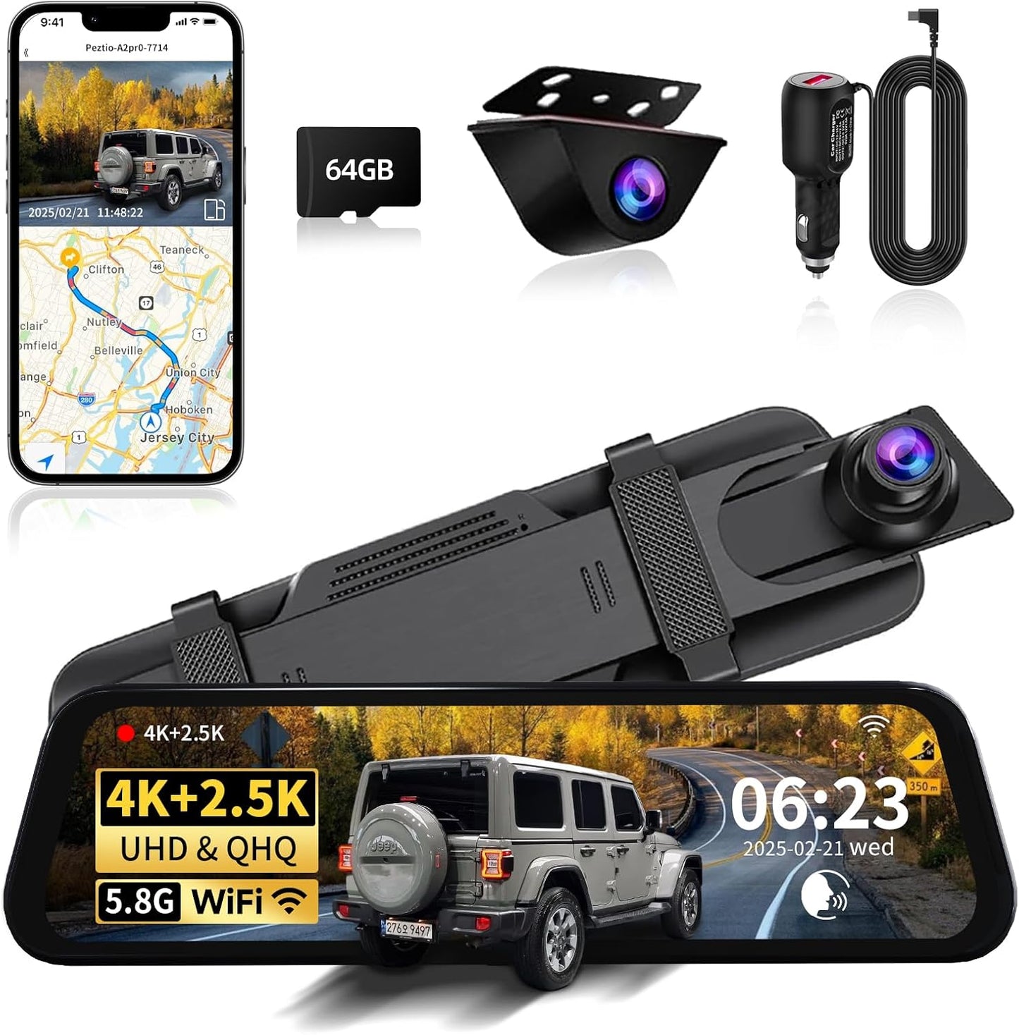 Mirror Dual Dash Camera with Voice Control and 4K Resolution