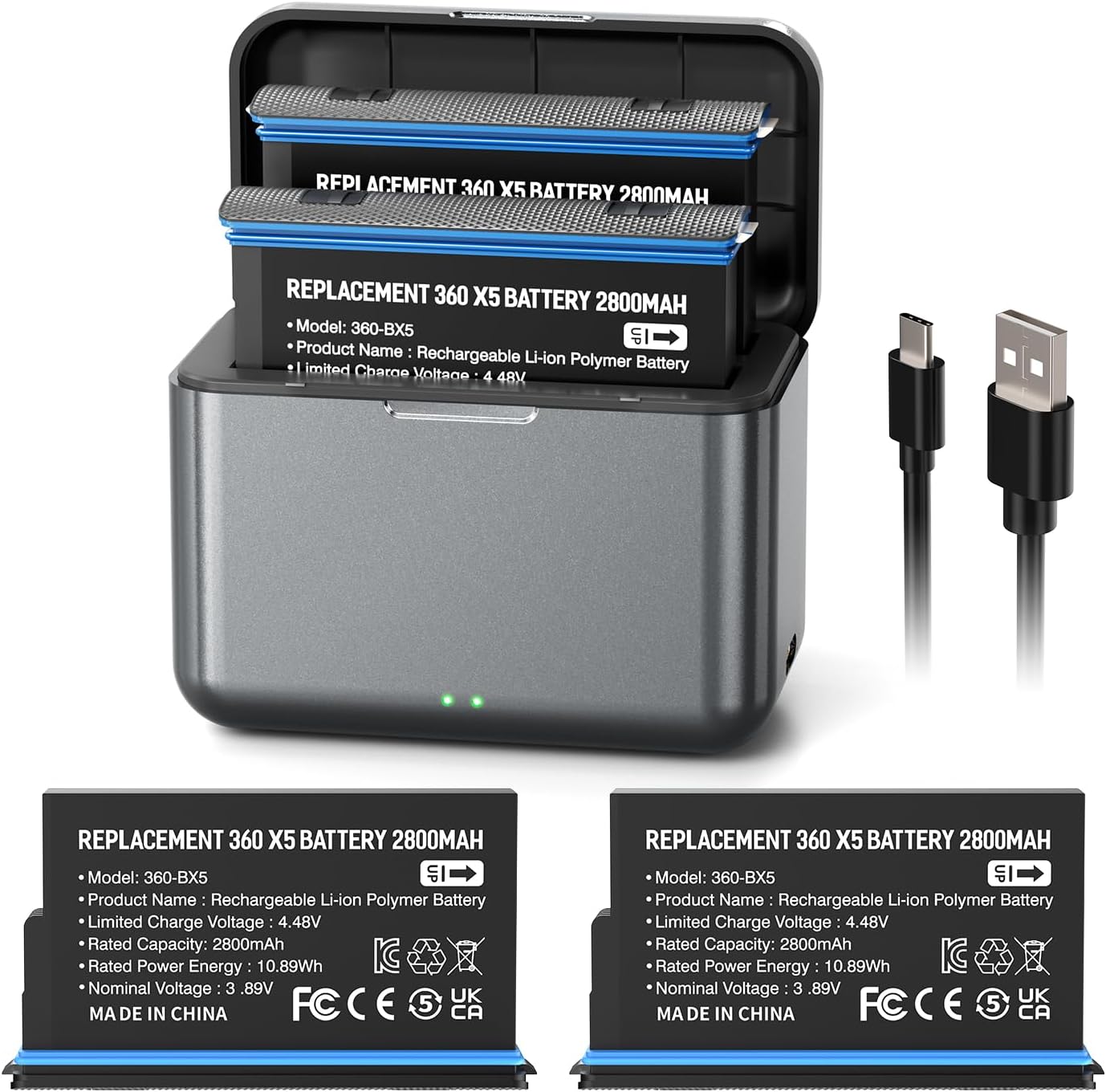 Battery Replacement for 360x5 with Dual Slot Charger Accessory