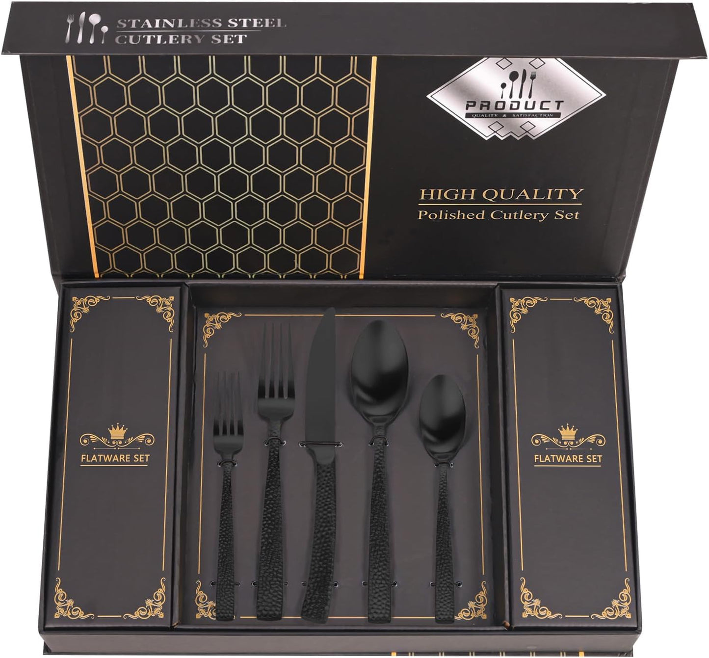 Hammered Black Silverware Set For 8 - Luxury Kitchen Utensils