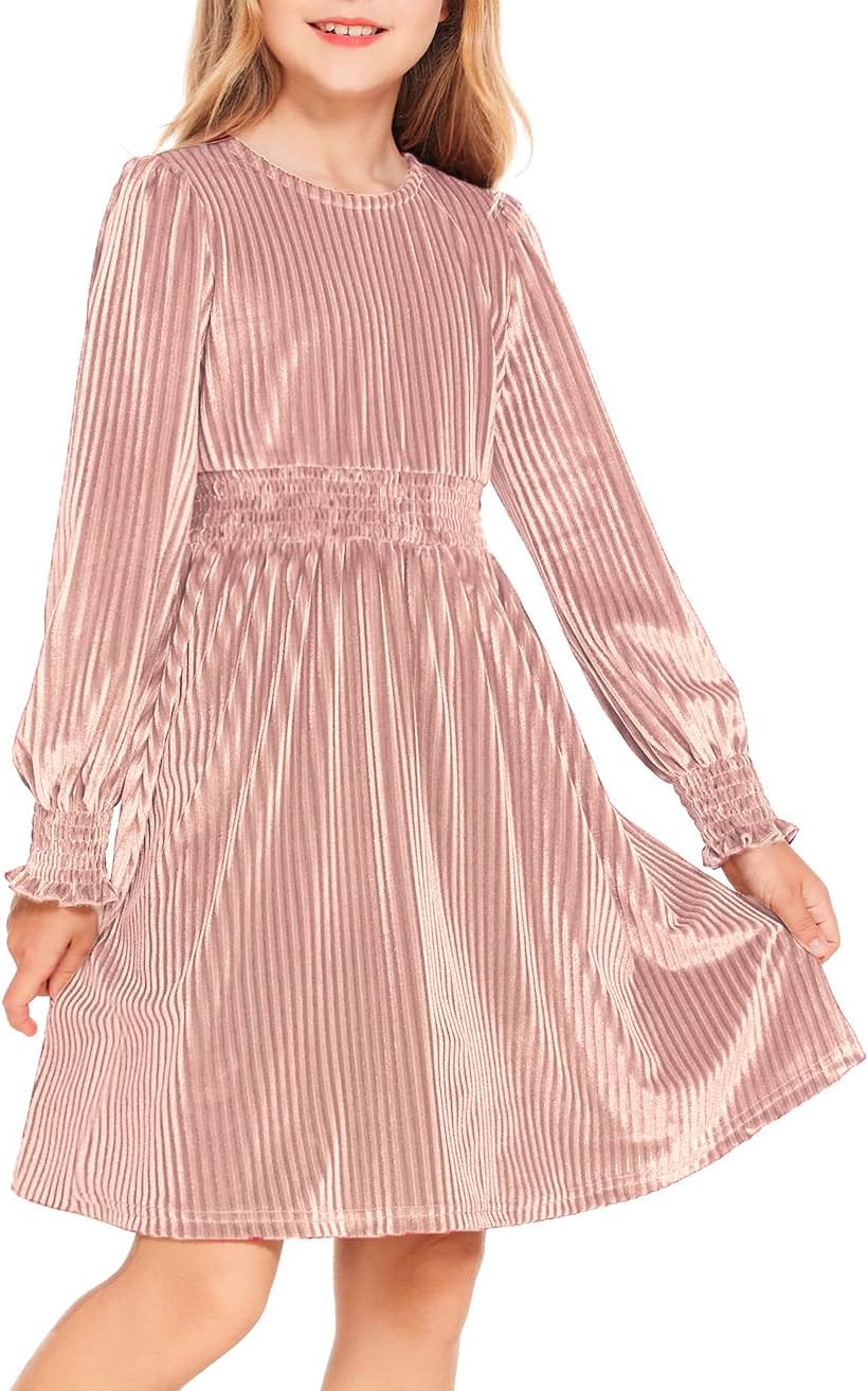 Arshiner Girls Long Sleeve Velvet Midi Dress for Kids 4-13Y