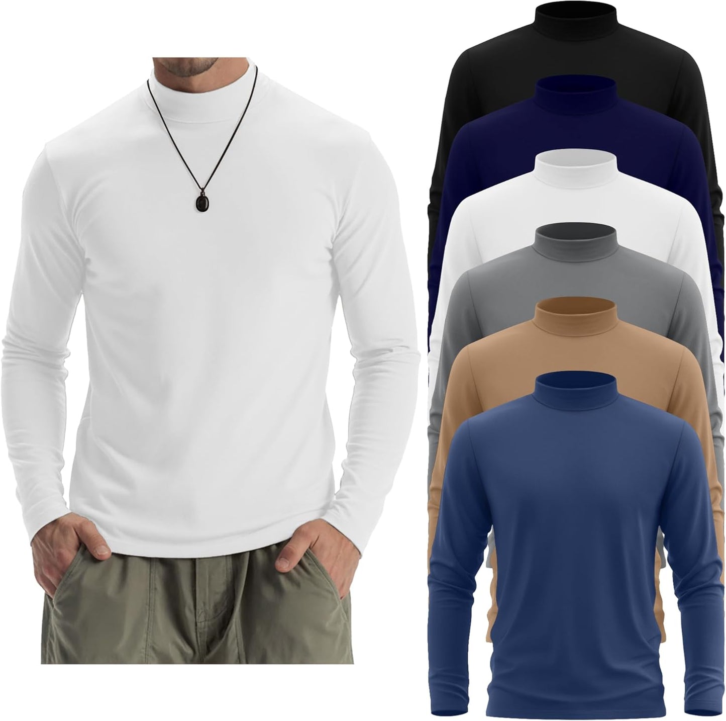 6 Pack Mens Mock Turtleneck Long Sleeve Shirts for Comfort