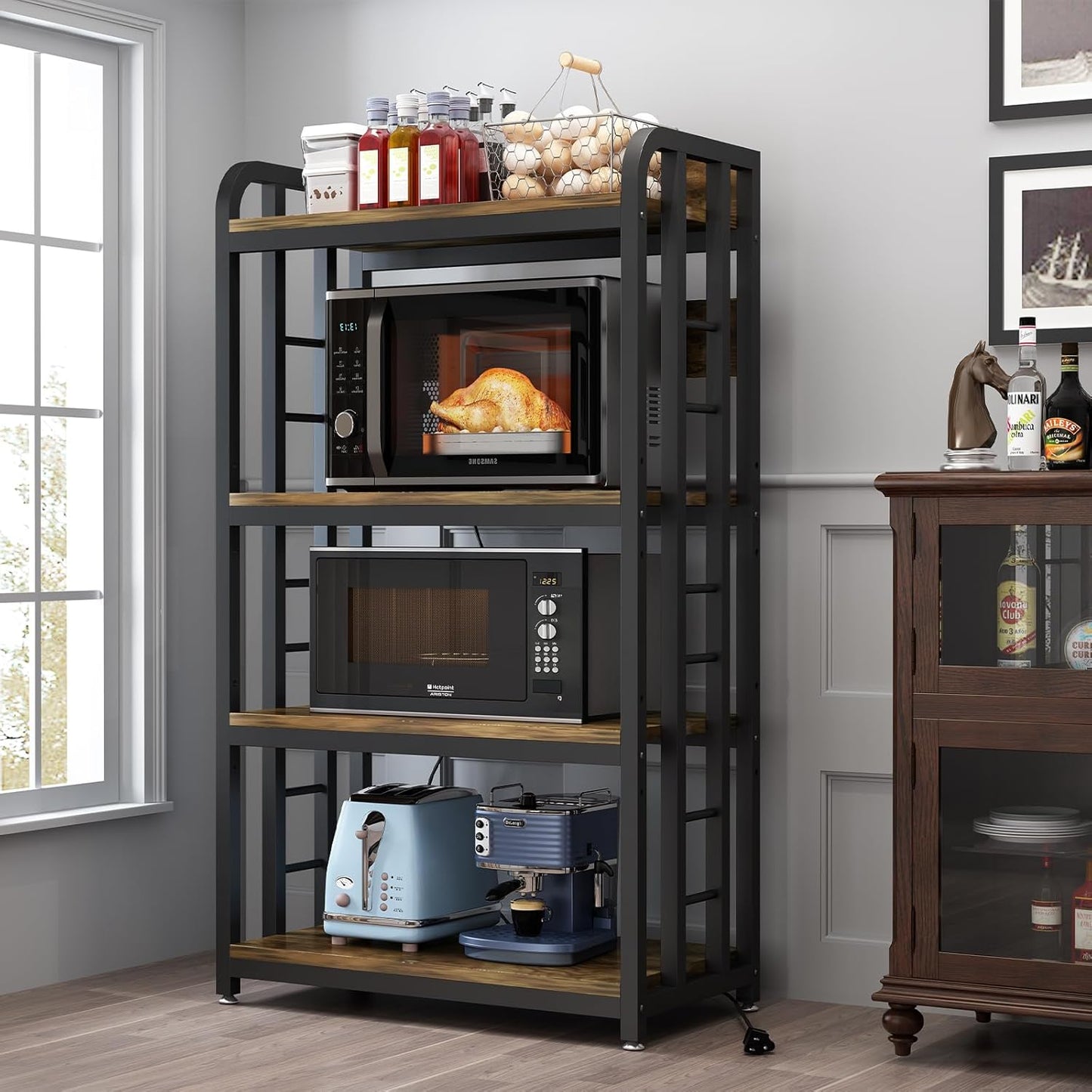Rustic Brown 4-Tier Baker's Rack with Power Outlet - Organize in Style!