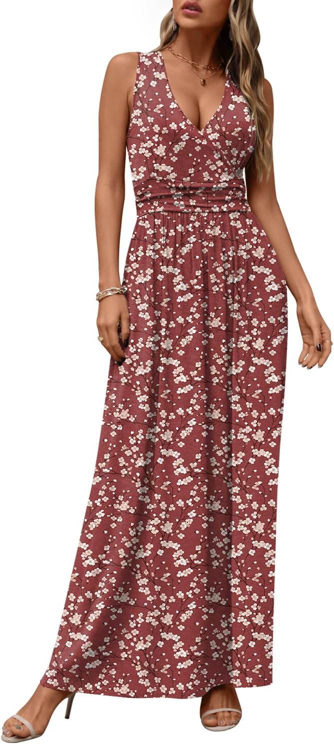 CATHY Women's Casual Sleeveless Deep V Neck Maxi Dresses