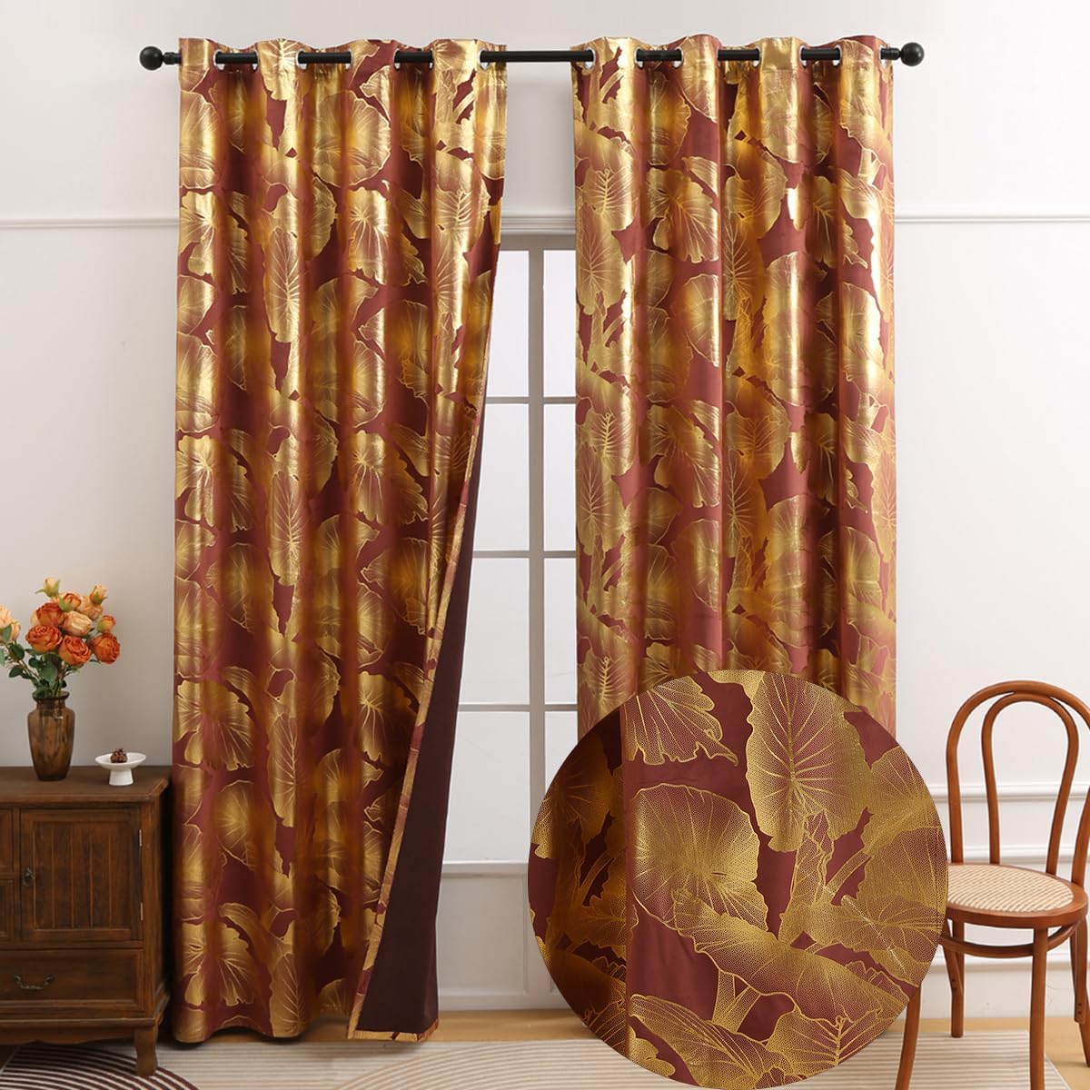 Luxury Velvet Blackout Curtains - Glamorous Botanical Print - 52x96 Inch