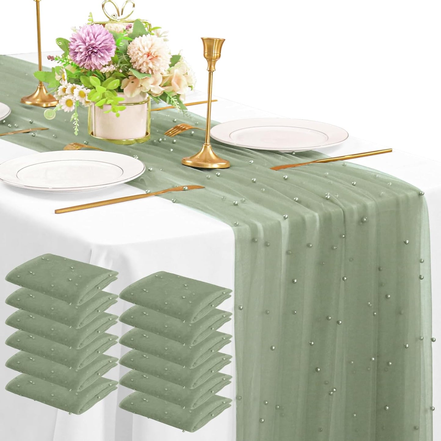Elegant 12 Pack 10FT Sage Green Pearl Table Runners for Events