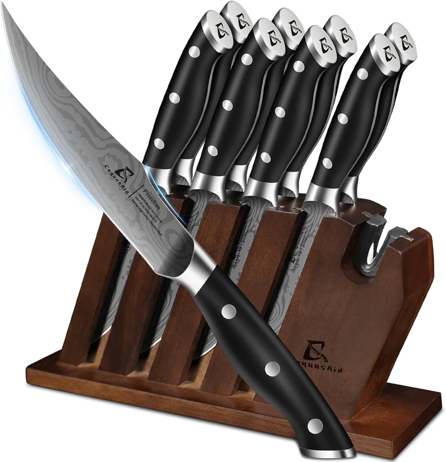 Steak Knives Set of 8 with Built-in Sharpener for Effortless Cuts